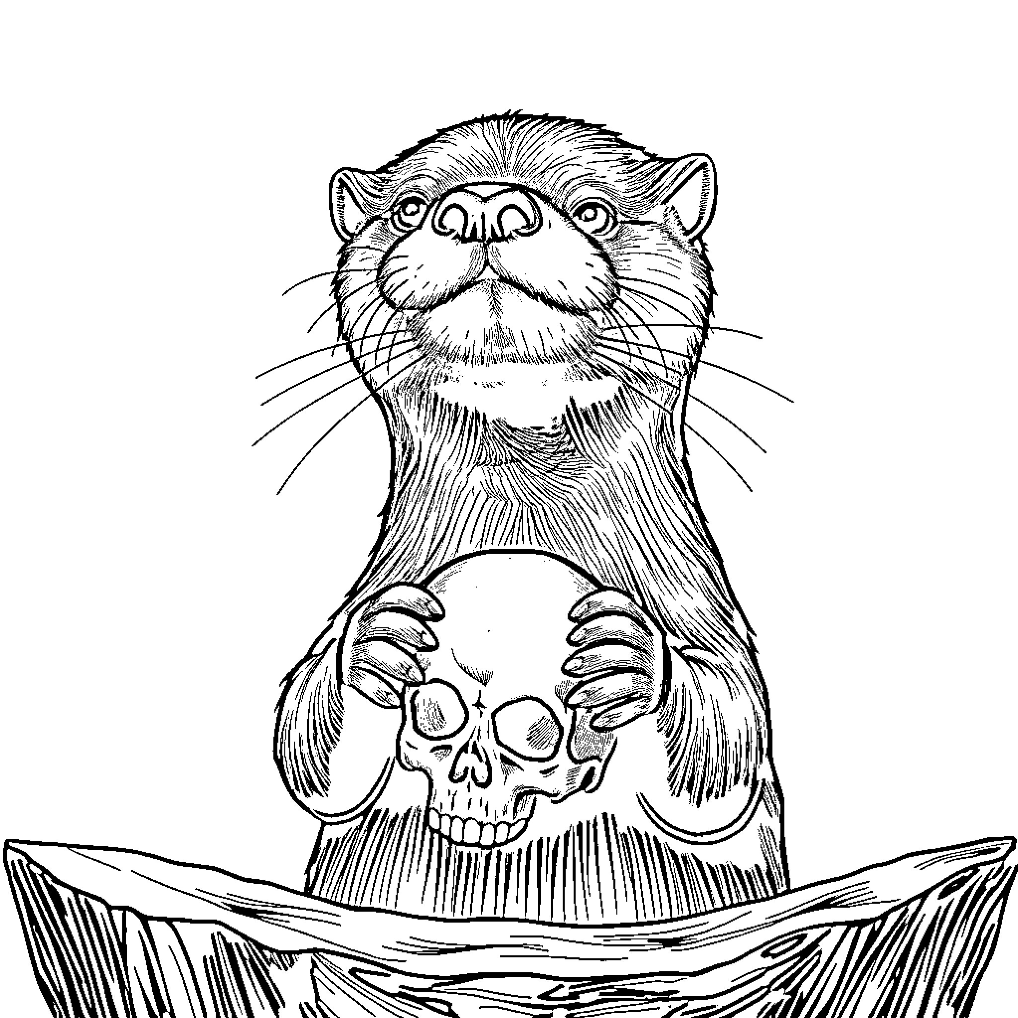 Otter holding a skull in a mysterious scene Coloring Page (free black-and-white line drawing printable PDF for all, from beginners to advanced learners, including children, teens, adults, and seniors)