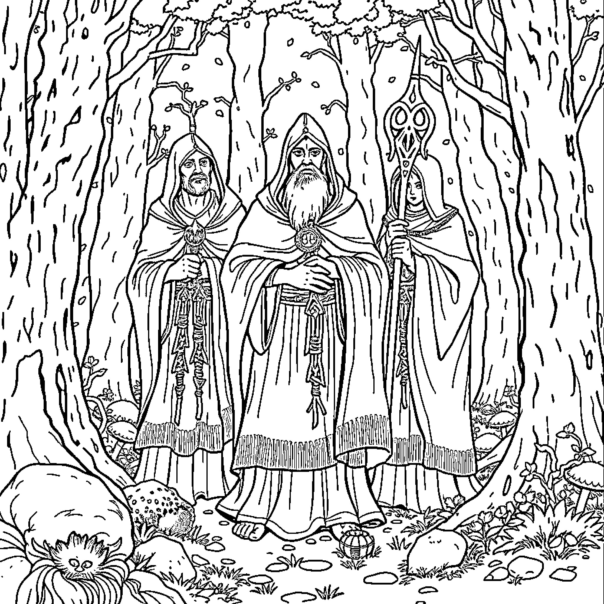Druids performing a ritual in the enchanted forest Coloring Page (free black-and-white line drawing printable PDF for all, from beginners to advanced learners, including children, teens, adults, and seniors)