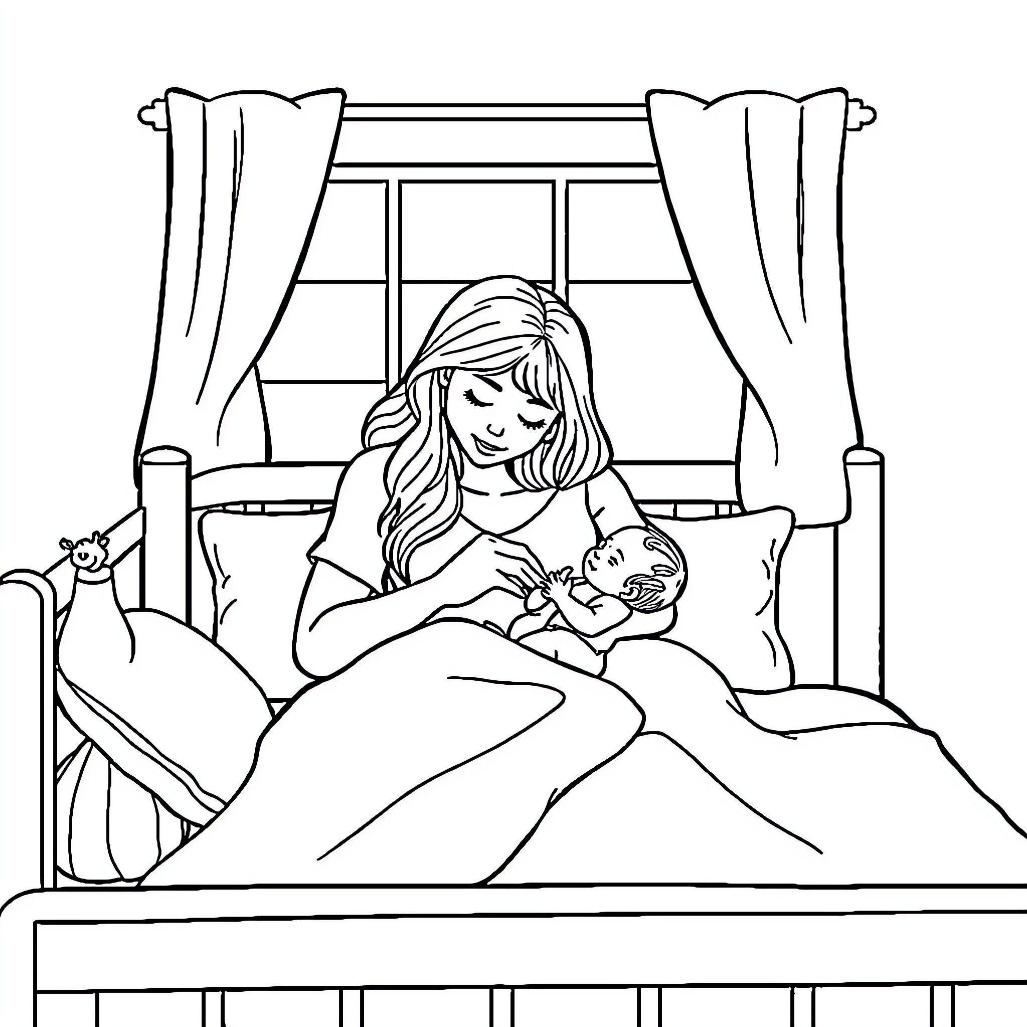 Mama Comforting and Caring for Her Child Coloring Page (free black-and-white line drawing printable PDF for all, from beginners to advanced learners, including children, teens, adults, and seniors)