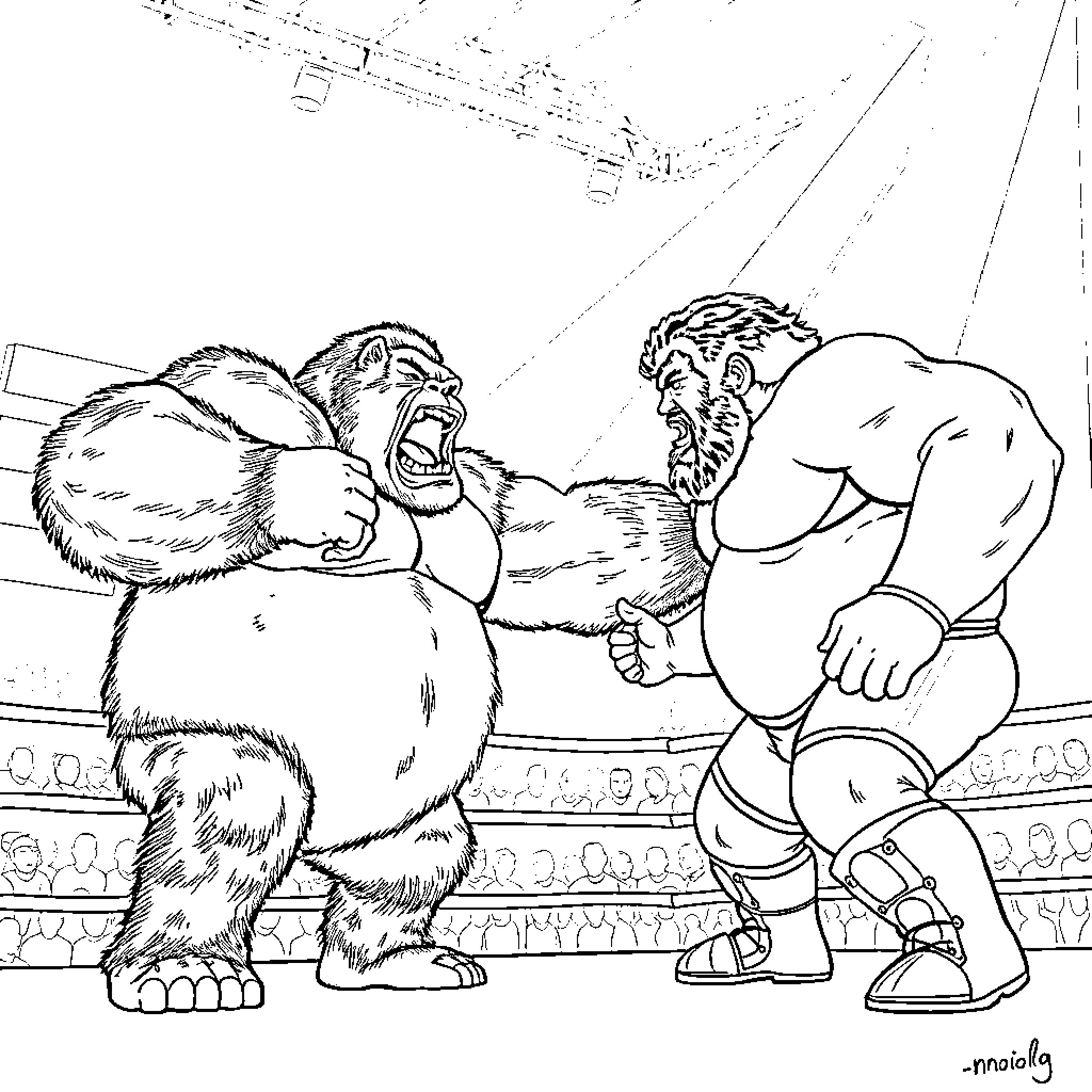 Wrestler duo engaged in intense grapple on ring Coloring Page (free black-and-white line drawing printable PDF for all, from beginners to advanced learners, including children, teens, adults, and seniors)