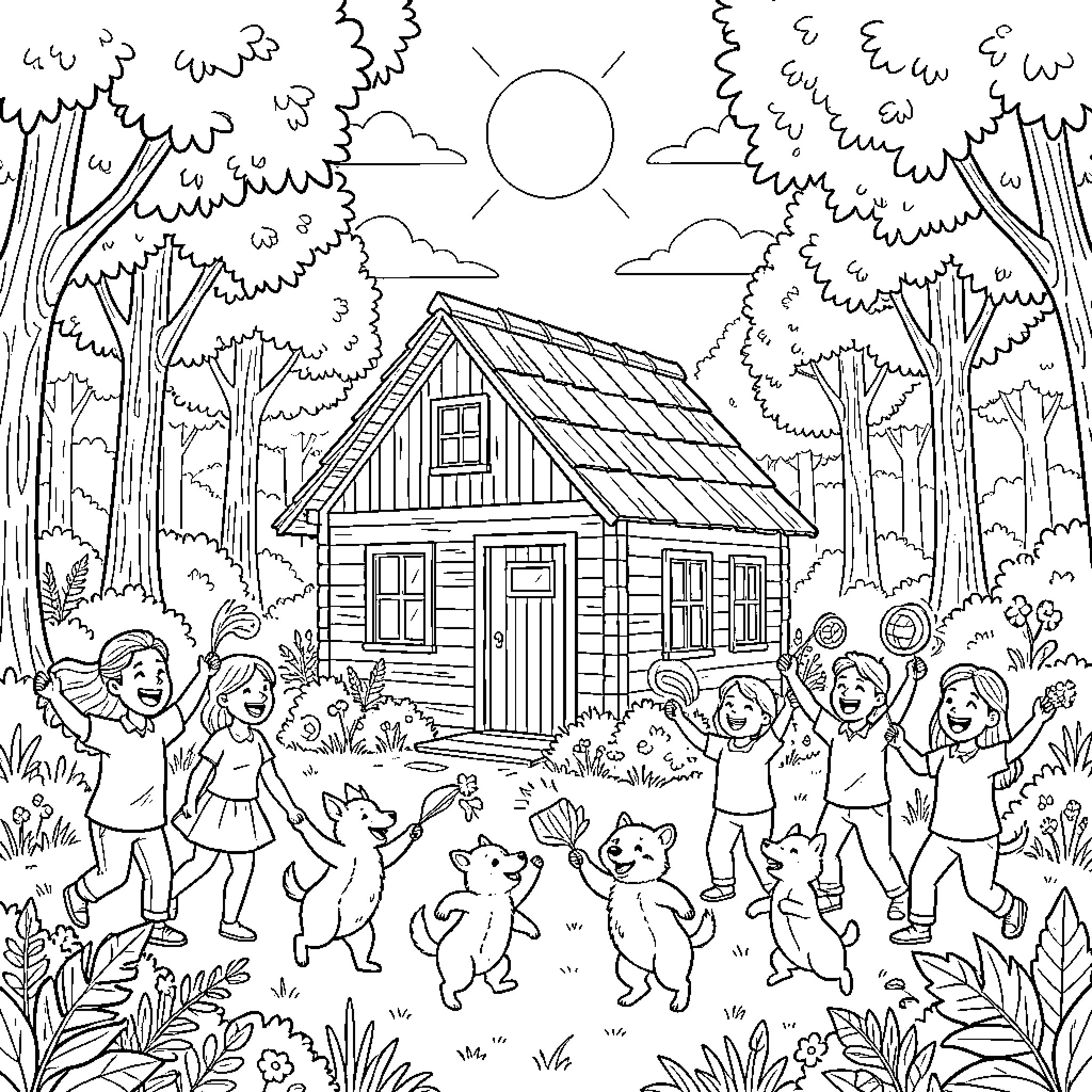 Cabane in the Woods with Joyful Children Coloring Page (free black-and-white line drawing printable PDF for all, from beginners to advanced learners, including children, teens, adults, and seniors)