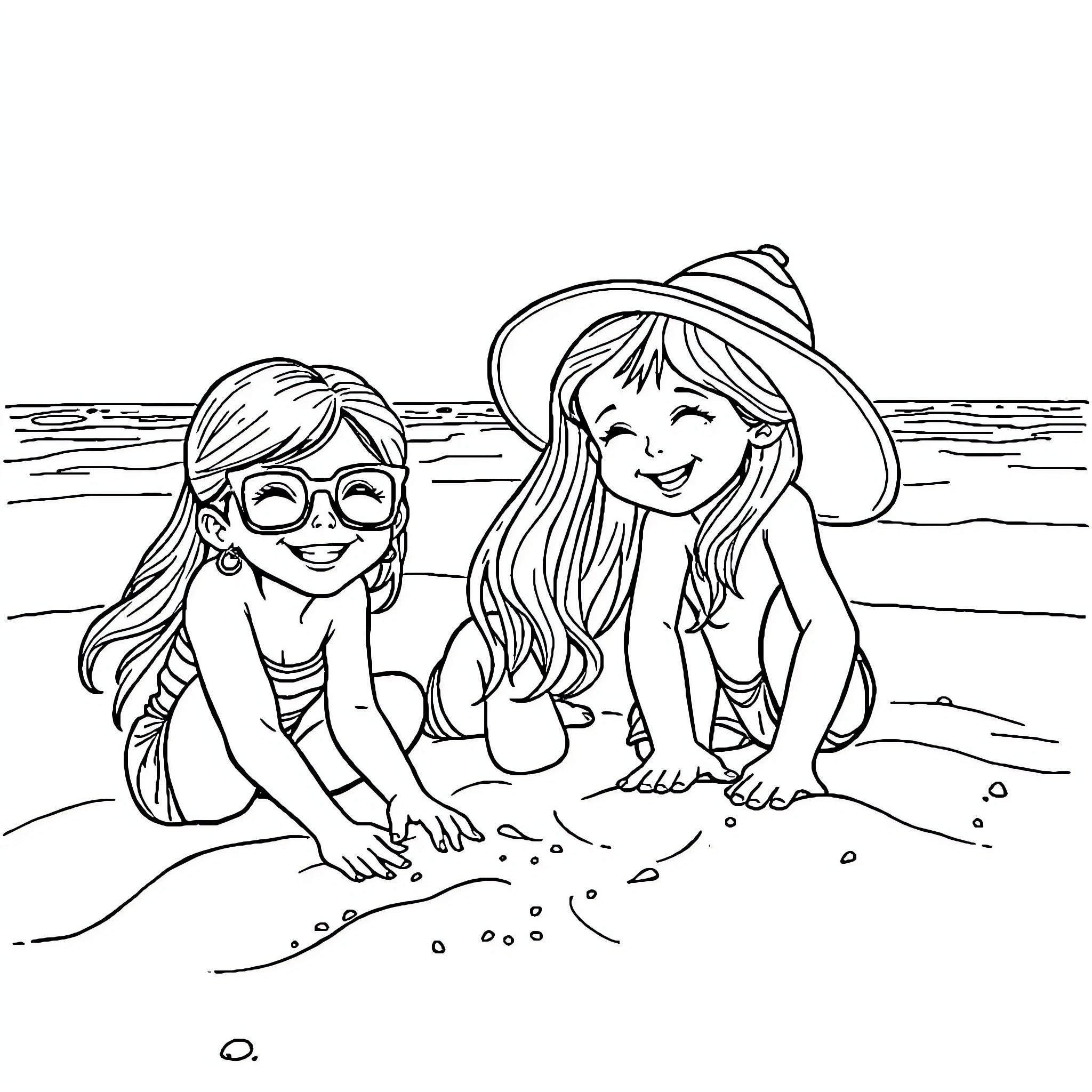 Girls enjoying time at the beach Coloring Page (free black-and-white line drawing printable PDF for all, from beginners to advanced learners, including children, teens, adults, and seniors)