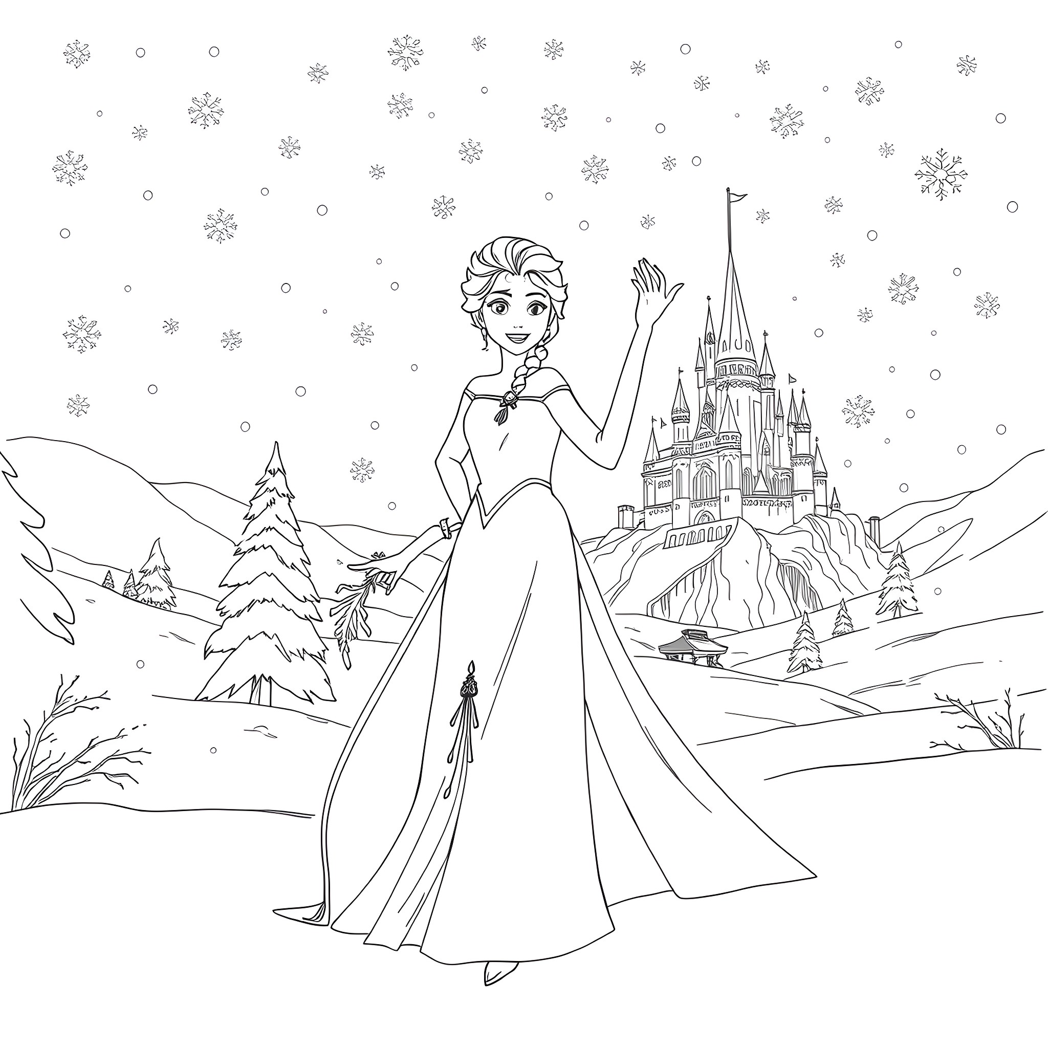 Elsa standing gracefully in a winter wonderland Coloring Page (free black-and-white line drawing printable PDF for all, from beginners to advanced learners, including children, teens, adults, and seniors)