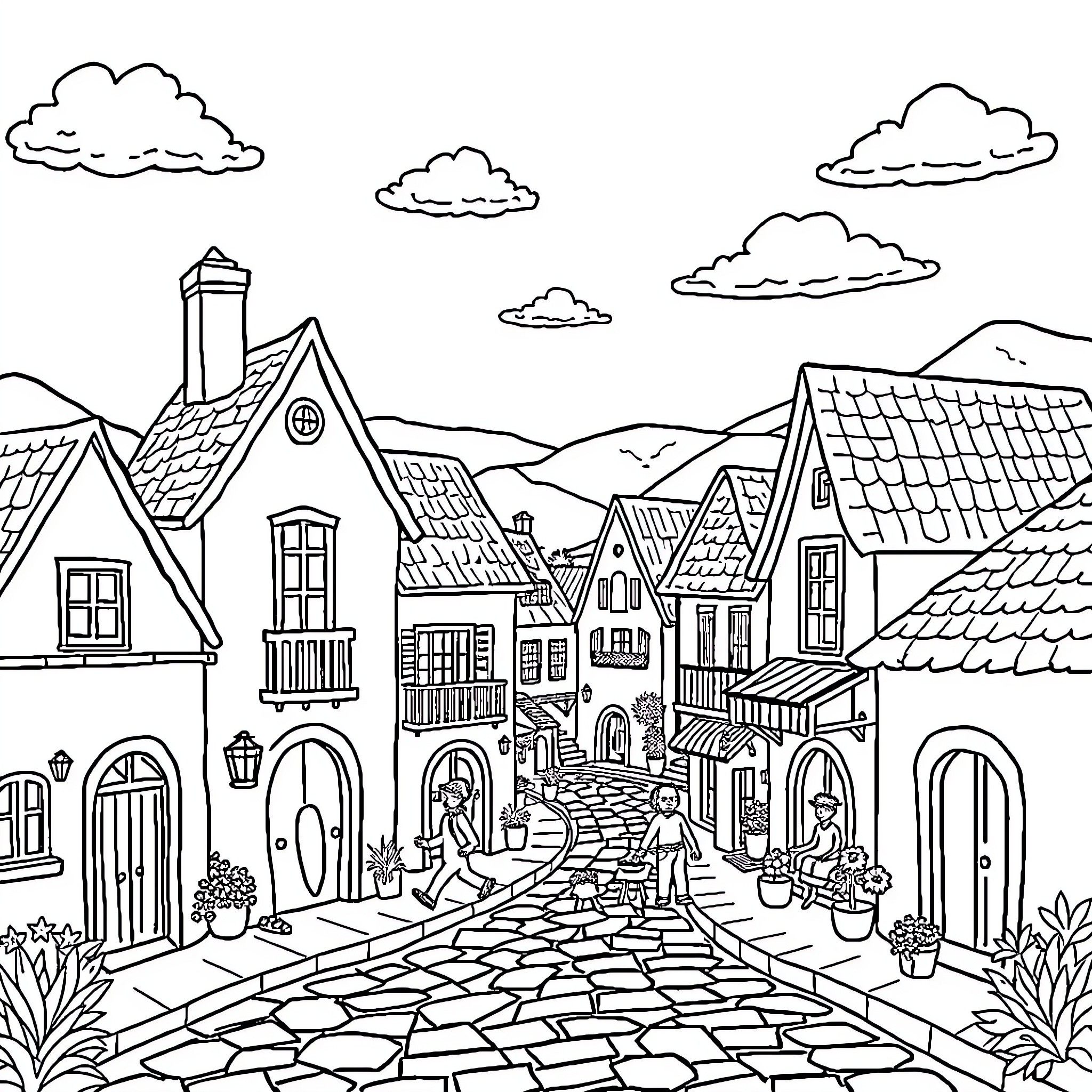 Pencil Sketch of Quaint European Town Street Coloring Page (free black-and-white line drawing printable PDF for all, from beginners to advanced learners, including children, teens, adults, and seniors)