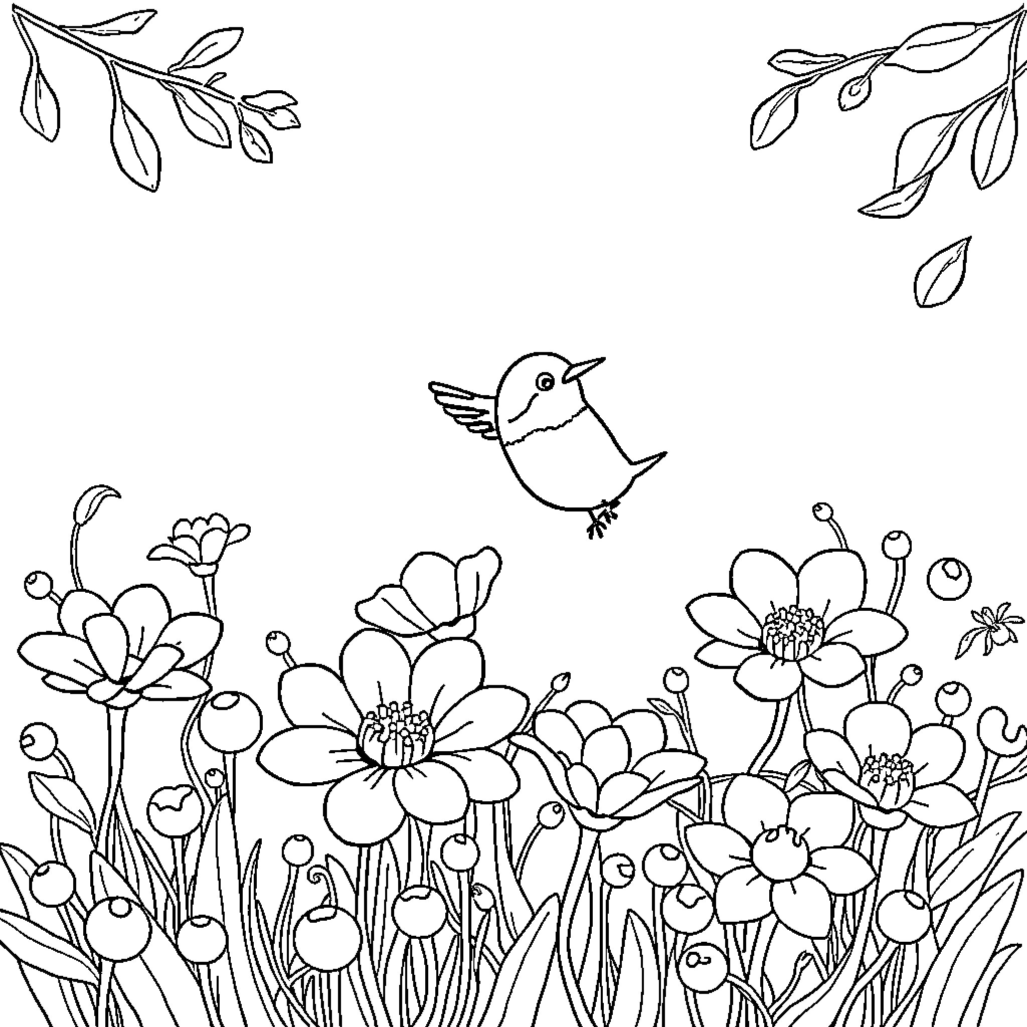 Bird flying amidst blooming flowers Coloring Page (free black-and-white line drawing printable PDF for all, from beginners to advanced learners, including children, teens, adults, and seniors)