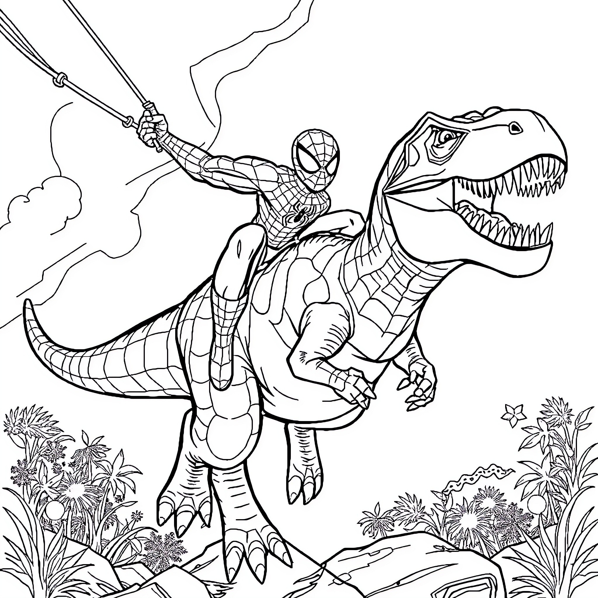 Spiderman riding a fearsome dinosaur in the wilderness Coloring Page (free black-and-white line drawing printable PDF for all, from beginners to advanced learners, including children, teens, adults, and seniors)