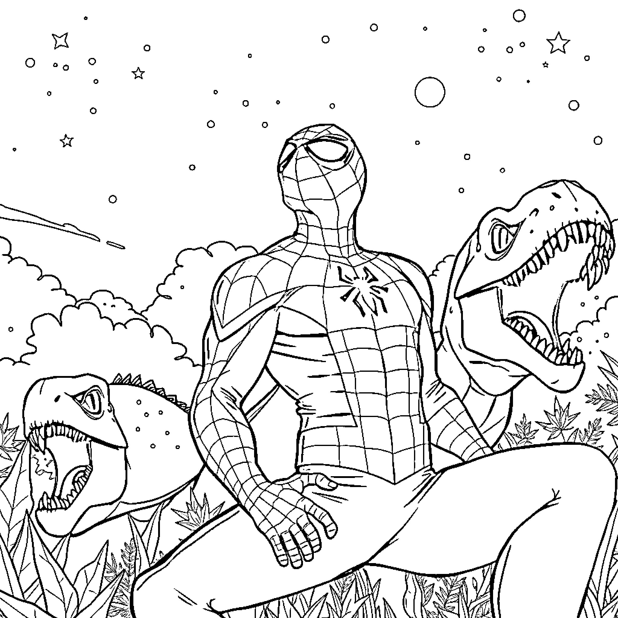Spider hero facing fearsome dinosaurs in night sky Coloring Page (free black-and-white line drawing printable PDF for all, from beginners to advanced learners, including children, teens, adults, and seniors)