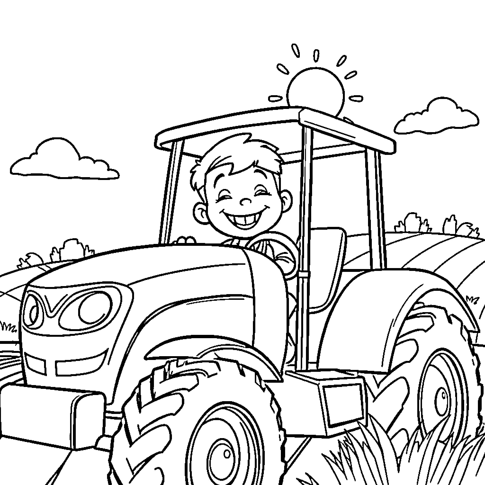 Boy driving a tractor through the countryside Coloring Page (free black-and-white line drawing printable PDF for all, from beginners to advanced learners, including children, teens, adults, and seniors)
