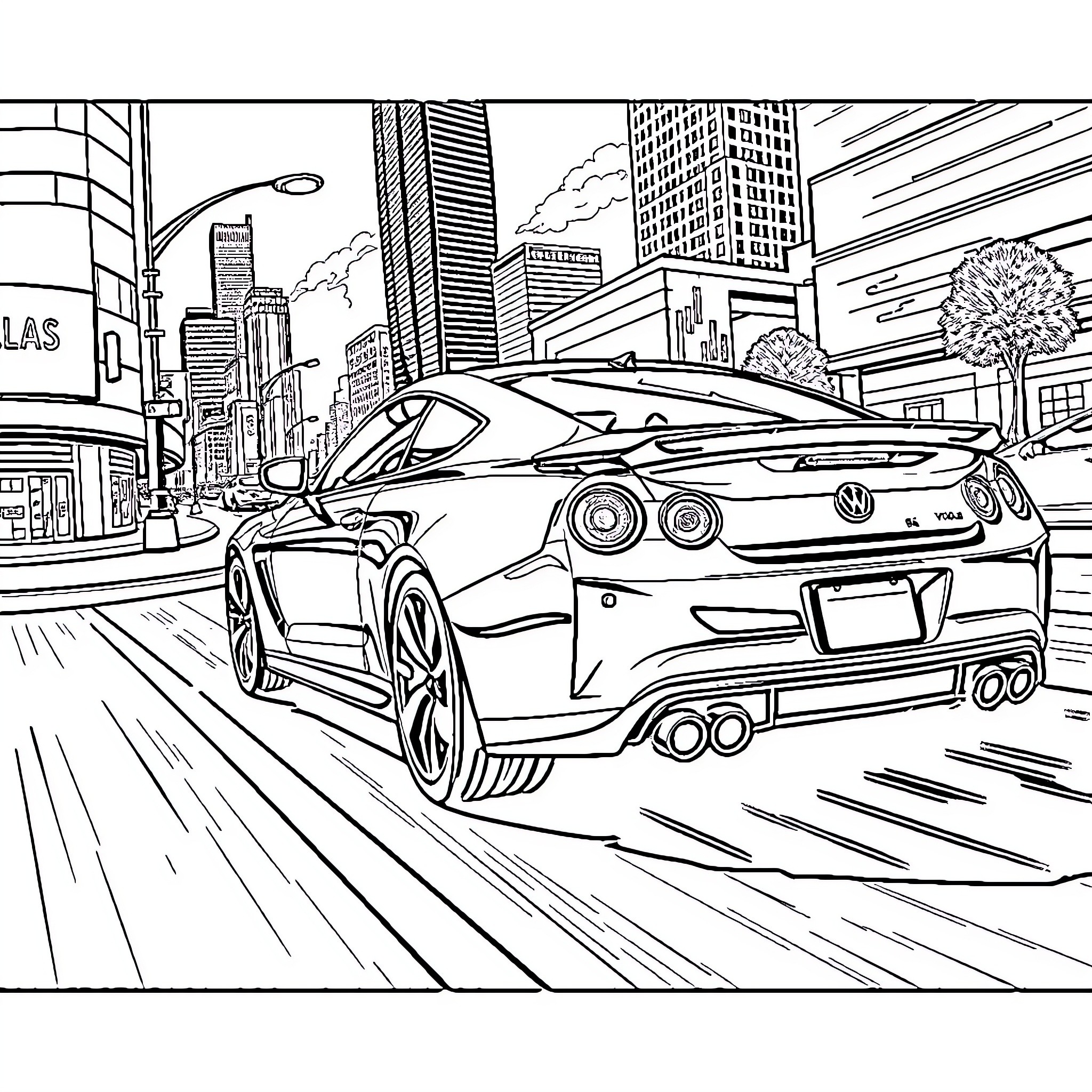 Car speeding through busy city streets Coloring Page (free black-and-white line drawing printable PDF for all, from beginners to advanced learners, including children, teens, adults, and seniors)