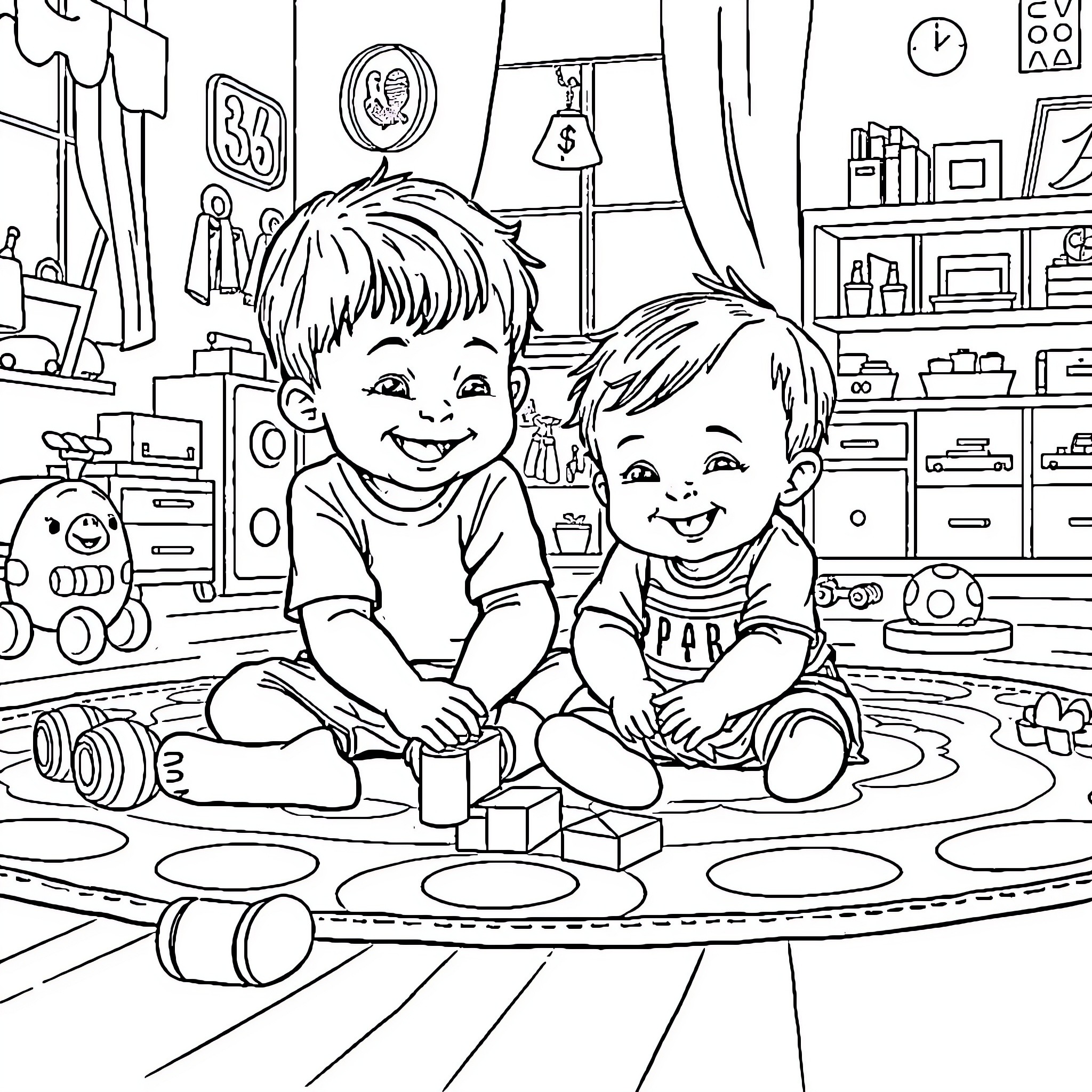 Children playing joyfully with toys in room Coloring Page (free black-and-white line drawing printable PDF for all, from beginners to advanced learners, including children, teens, adults, and seniors)