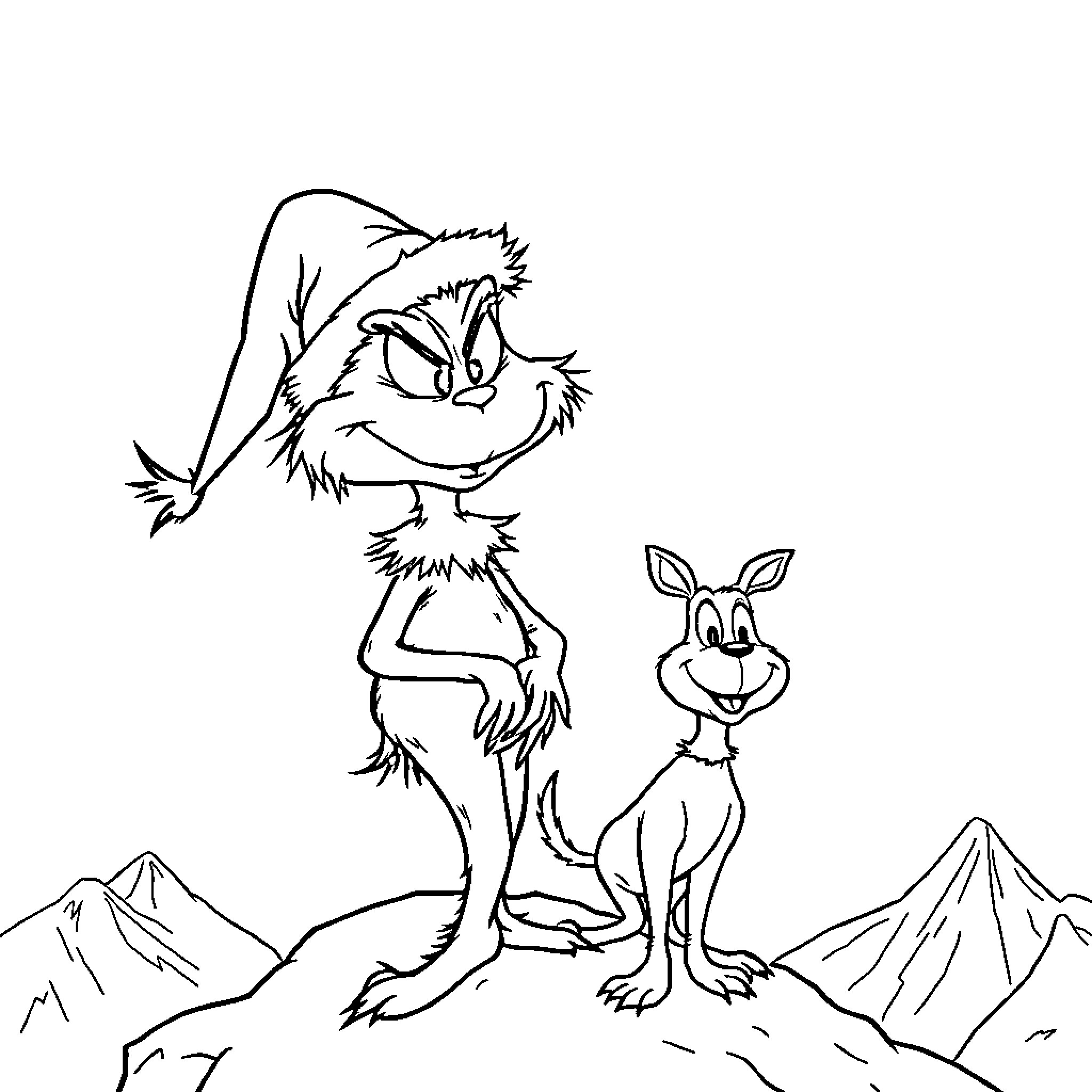Grinch and his dog in the mountains Coloring Page (free black-and-white line drawing printable PDF for all, from beginners to advanced learners, including children, teens, adults, and seniors)