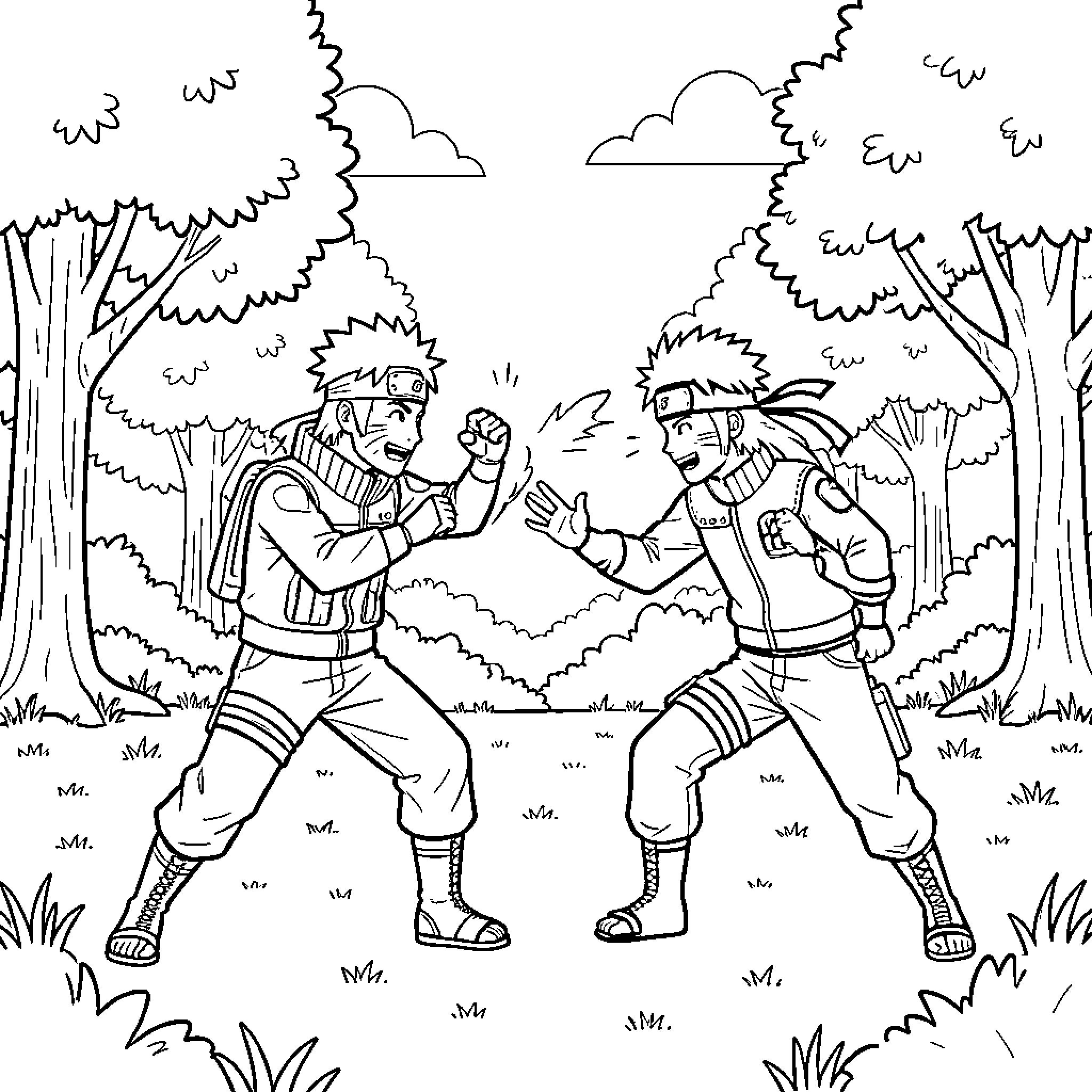 Naruto characters engaged in a dynamic martial arts battle Coloring Page (free black-and-white line drawing printable PDF for all, from beginners to advanced learners, including children, teens, adults, and seniors)