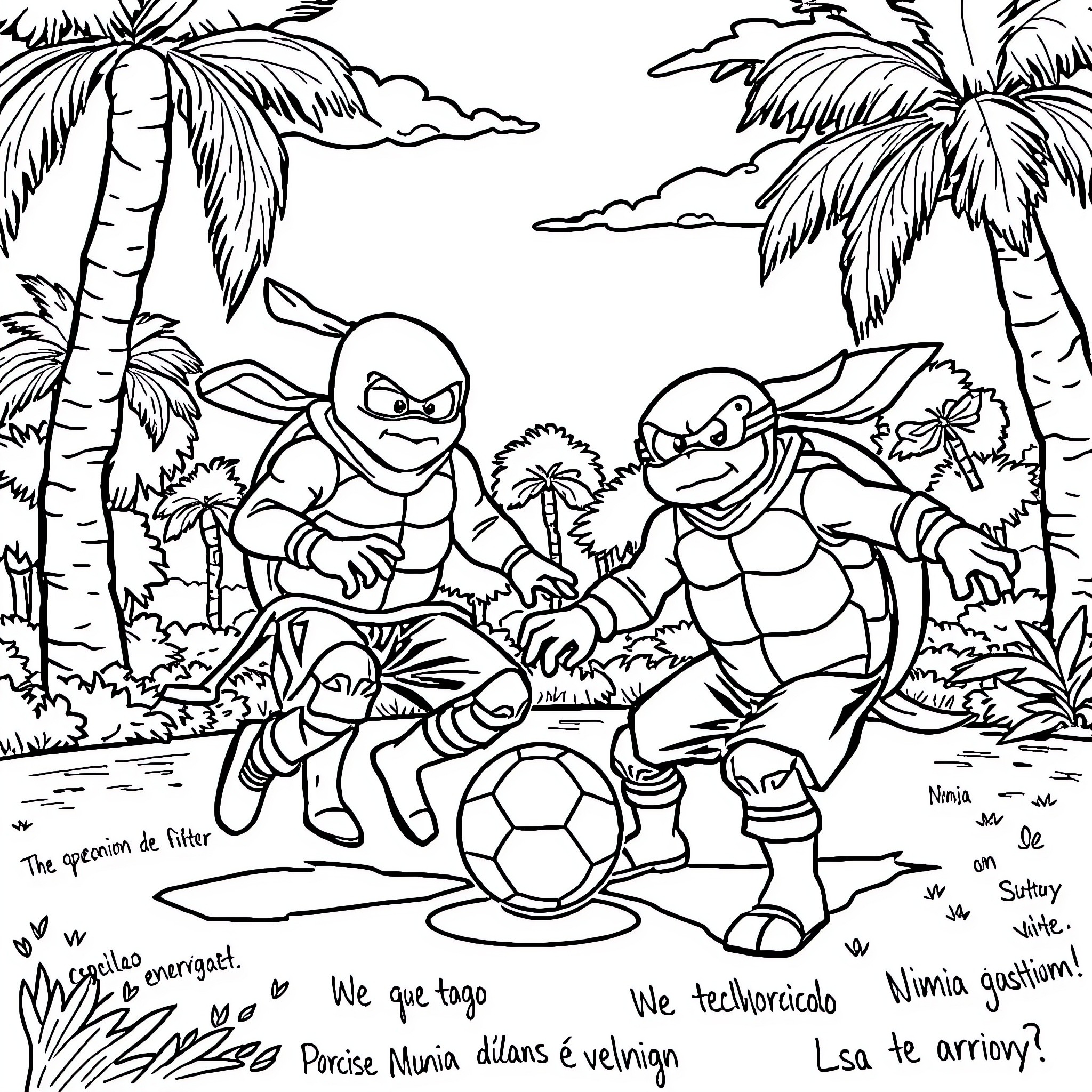 Turtle ninjas playing with soccer ball in tropical setting Coloring Page (free black-and-white line drawing printable PDF for all, from beginners to advanced learners, including children, teens, adults, and seniors)