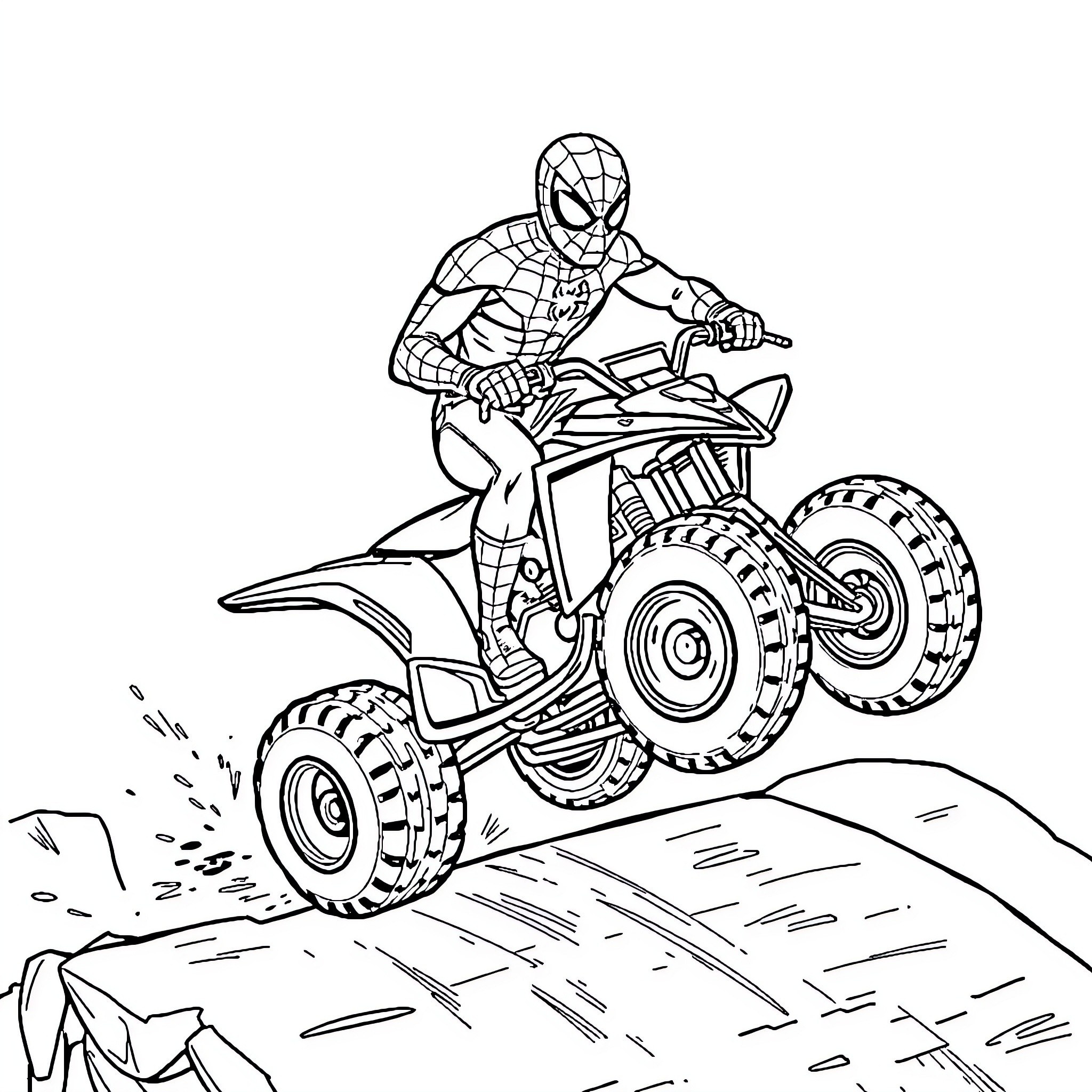 Spiderman riding an off-road all-terrain vehicle Coloring Page (free black-and-white line drawing printable PDF for all, from beginners to advanced learners, including children, teens, adults, and seniors)