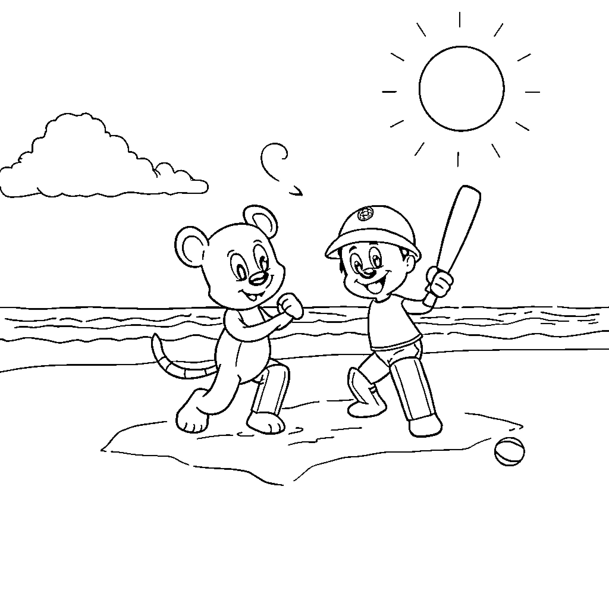 Bluey and Friend Explore the Beach Coloring Page (free black-and-white line drawing printable PDF for all, from beginners to advanced learners, including children, teens, adults, and seniors)