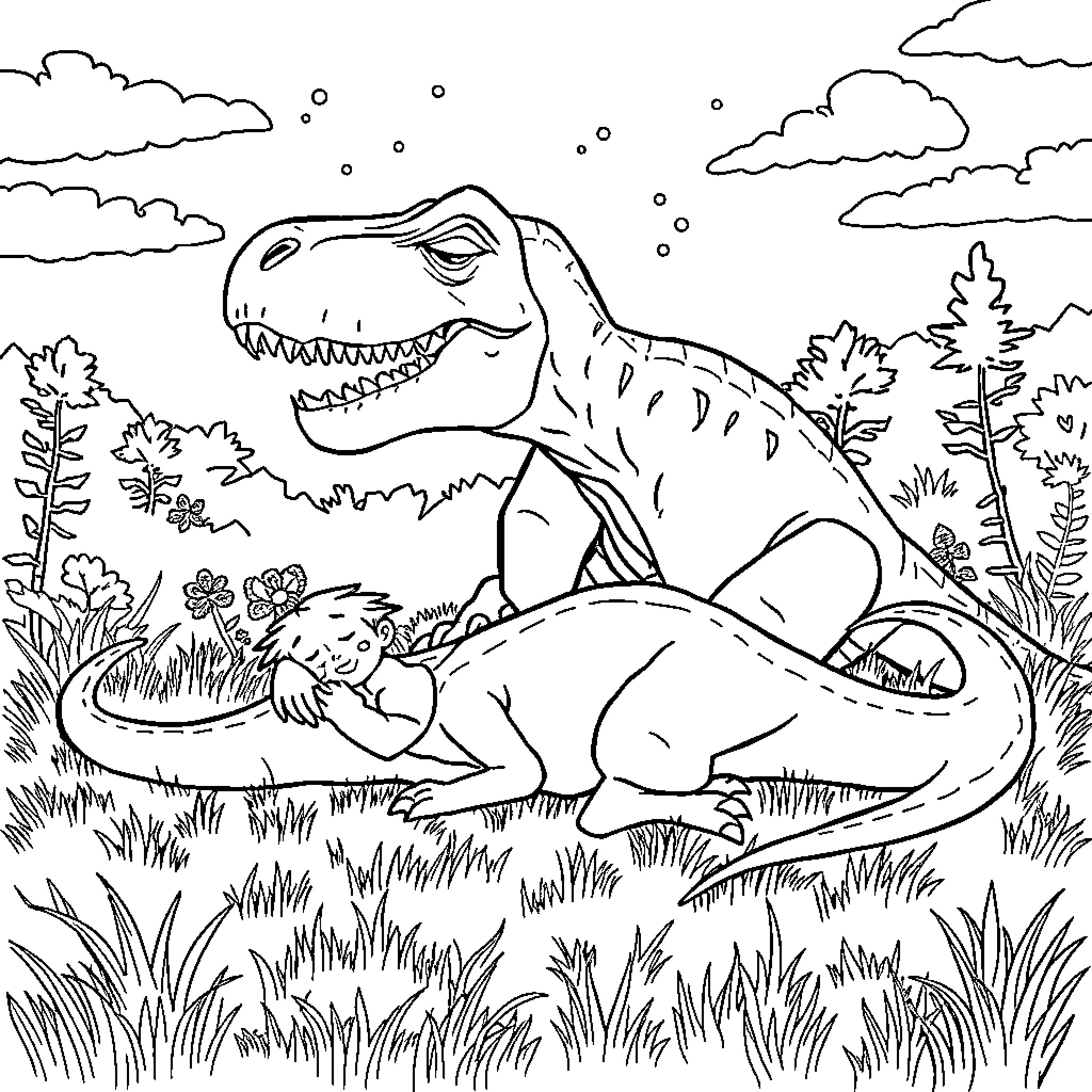 Boy resting peacefully with a dinosaur in the forest Coloring Page (free black-and-white line drawing printable PDF for all, from beginners to advanced learners, including children, teens, adults, and seniors)