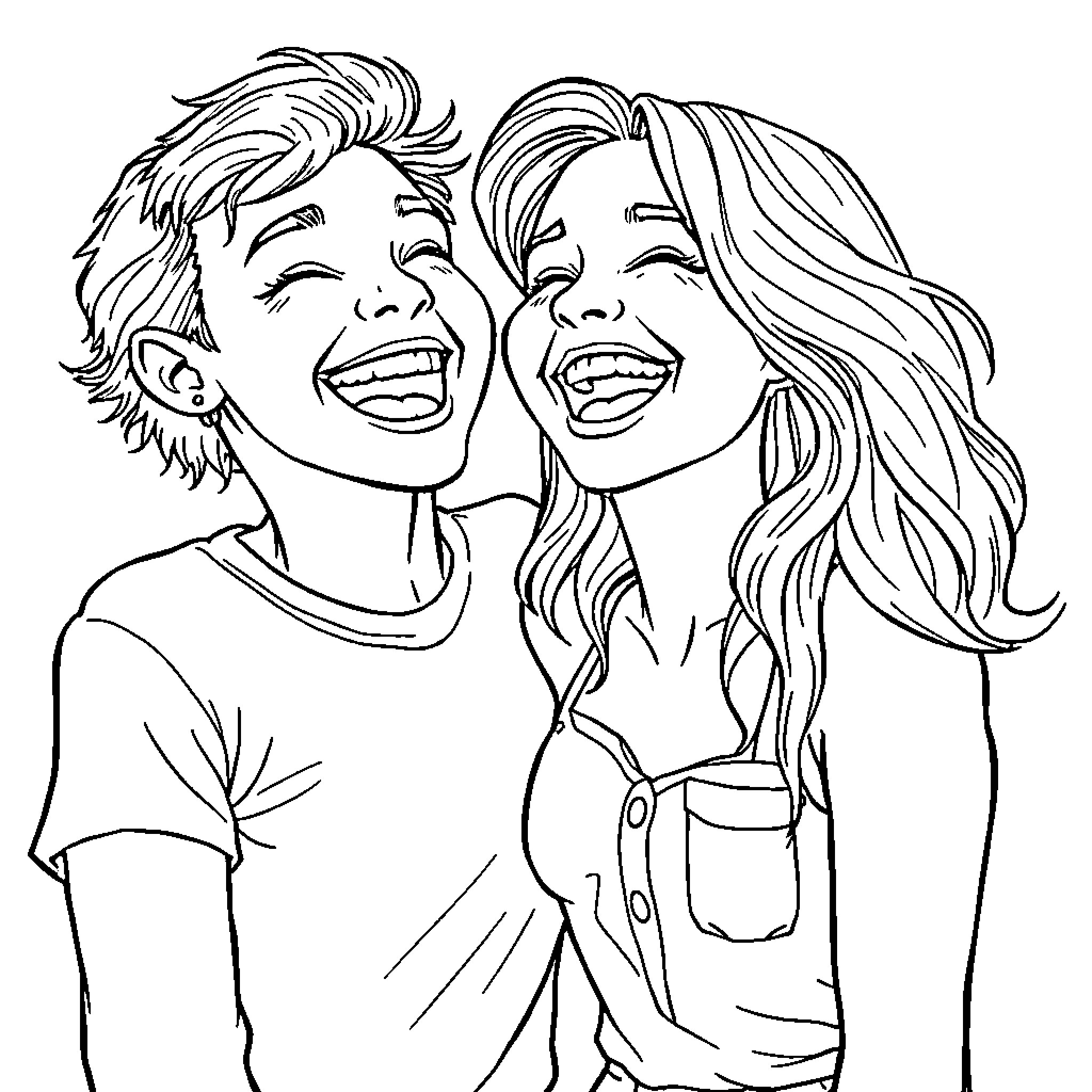 BFF Laughing and Smiling Together Coloring Page (free black-and-white line drawing printable PDF for all, from beginners to advanced learners, including children, teens, adults, and seniors)