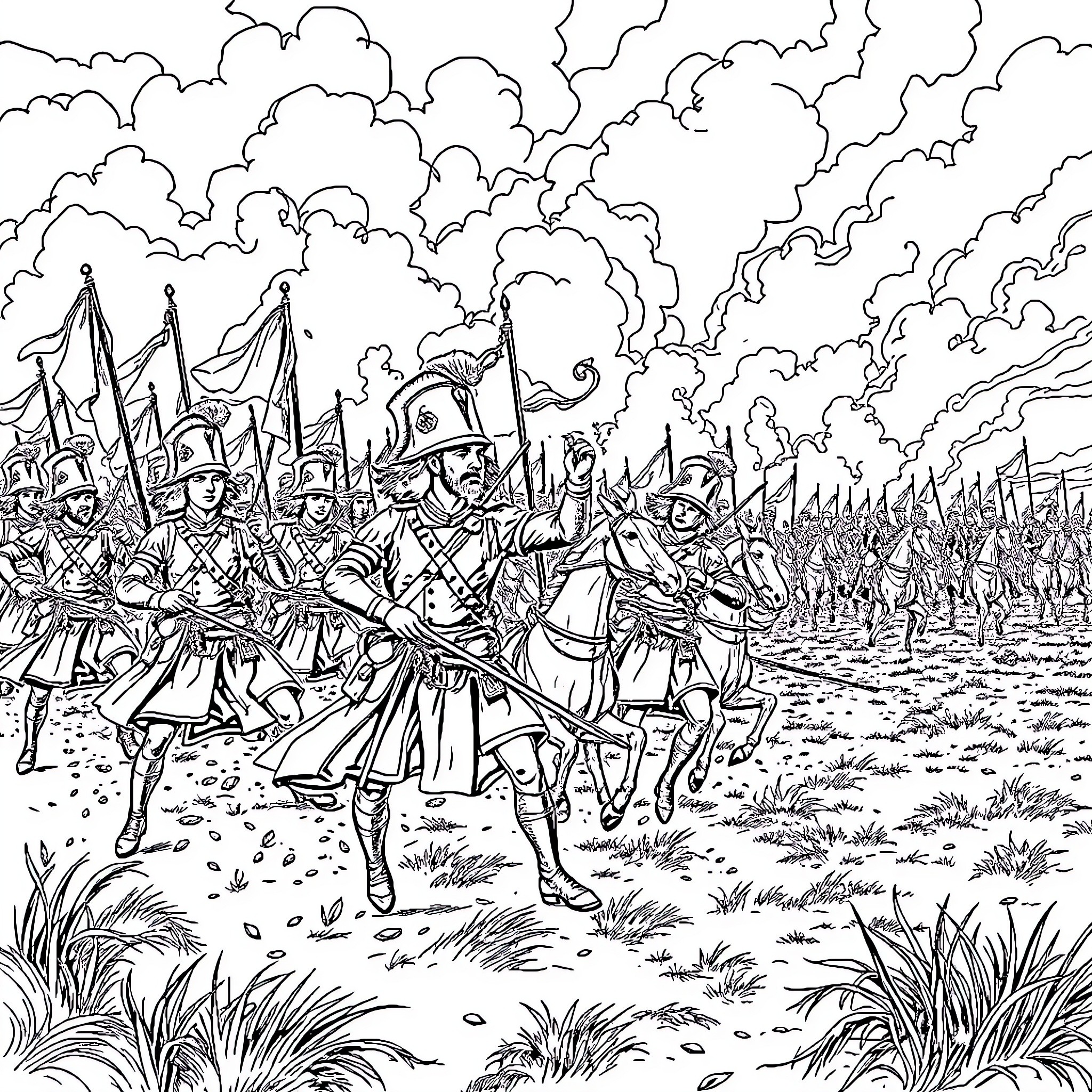 War Armies Clashing in Battle Formation Coloring Page (free black-and-white line drawing printable PDF for all, from beginners to advanced learners, including children, teens, adults, and seniors)