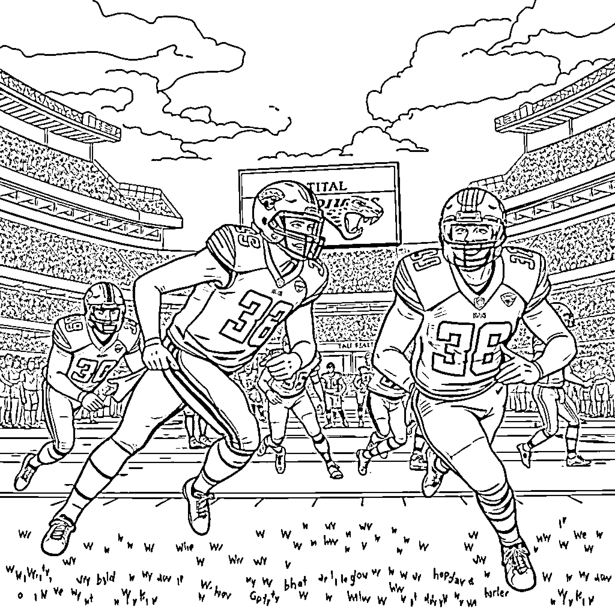 Jaguar football players engaged in intense game action Coloring Page (free black-and-white line drawing printable PDF for all, from beginners to advanced learners, including children, teens, adults, and seniors)