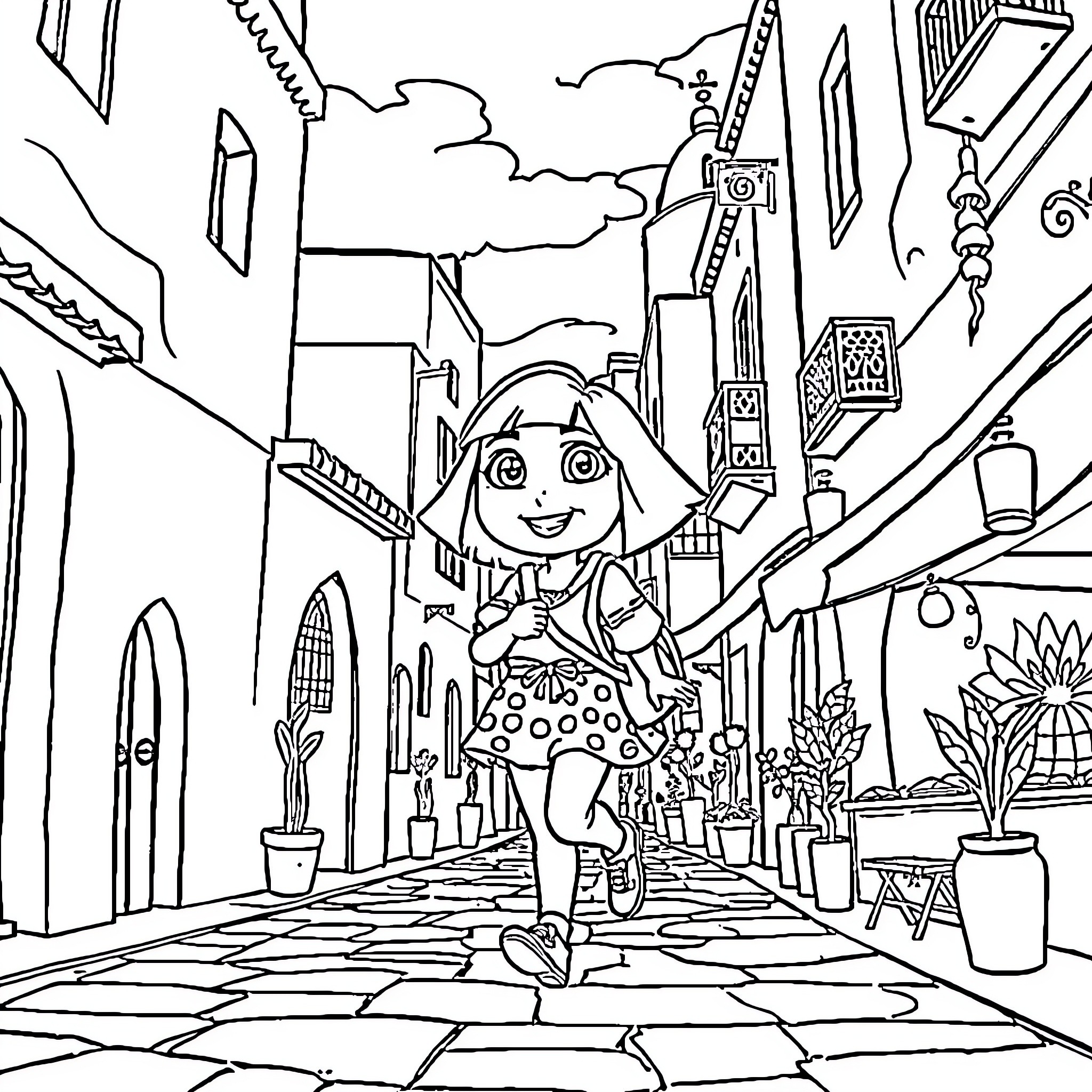 Dora's Exciting Adventure in the City Coloring Page (free black-and-white line drawing printable PDF for all, from beginners to advanced learners, including children, teens, adults, and seniors)