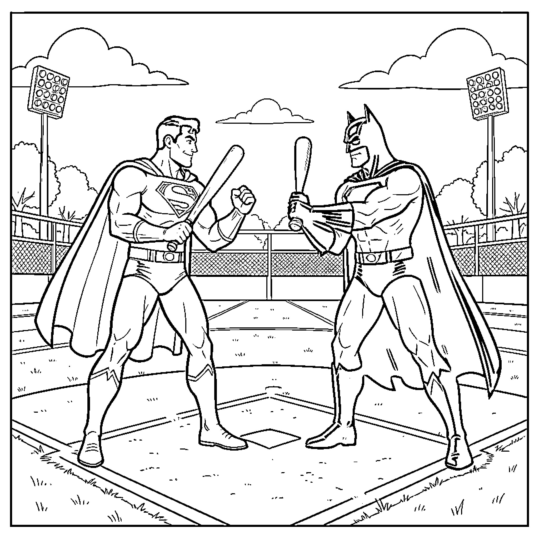 Superman and Batman Facing Off in Heroic Confrontation Coloring Page (free black-and-white line drawing printable PDF for all, from beginners to advanced learners, including children, teens, adults, and seniors)