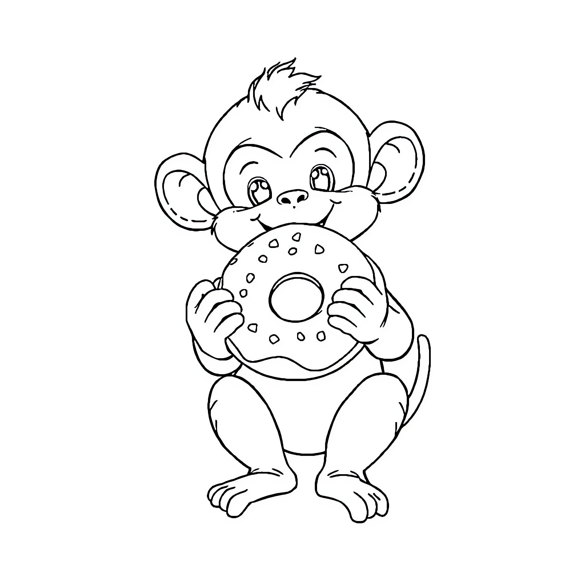 Monkey eating a donut happily Coloring Page (free black-and-white line drawing printable PDF for all, from beginners to advanced learners, including children, teens, adults, and seniors)