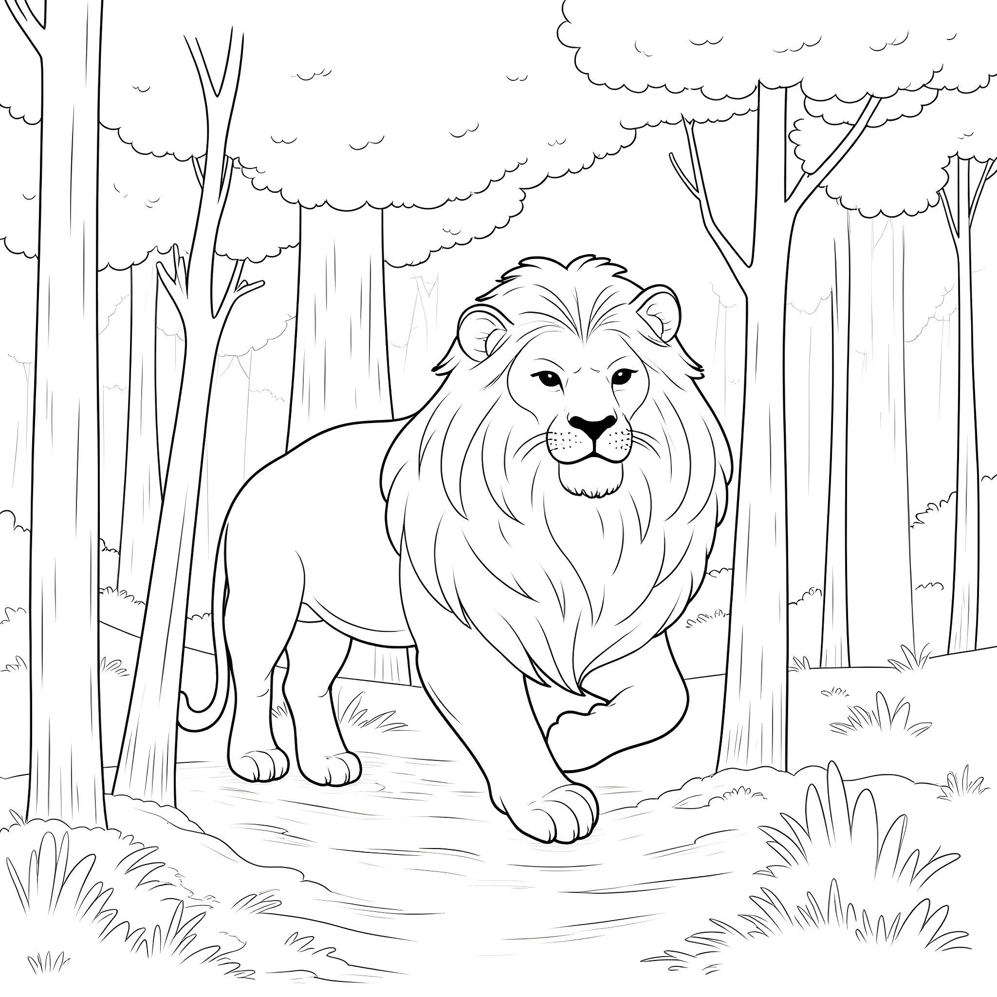 Lion prowling in the dense forest Coloring Page (free black-and-white line drawing printable PDF for all, from beginners to advanced learners, including children, teens, adults, and seniors)