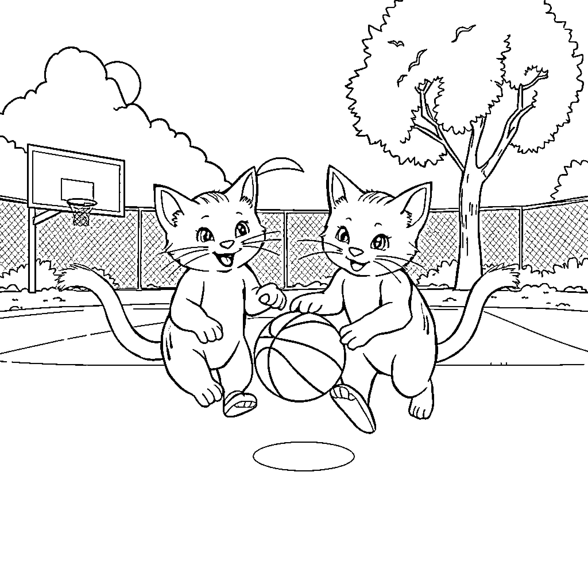 Cat Kittens Playing with Ball on Playground Coloring Page (free black-and-white line drawing printable PDF for all, from beginners to advanced learners, including children, teens, adults, and seniors)