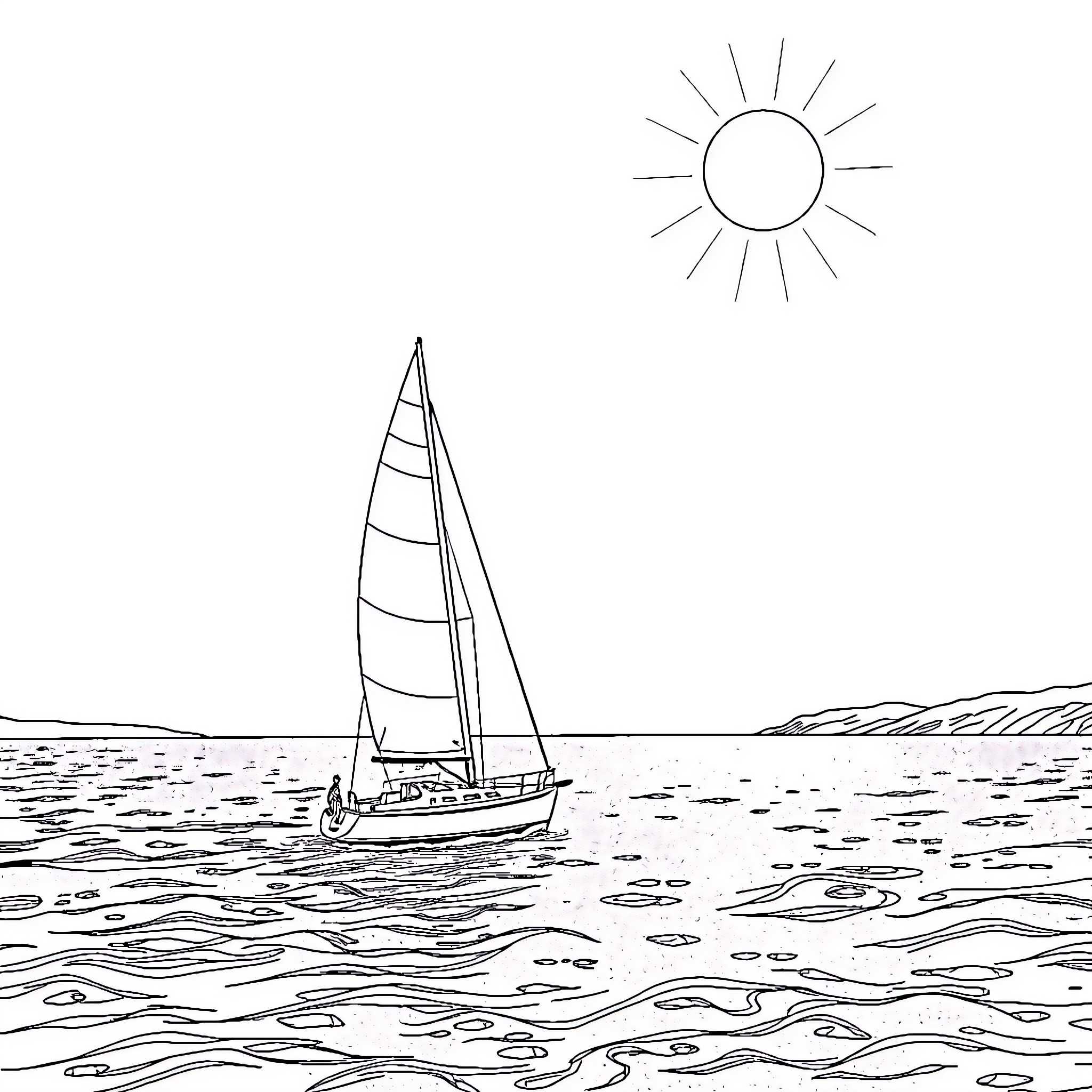 Sailboat sailing on a sunny day Coloring Page (free black-and-white line drawing printable PDF for all, from beginners to advanced learners, including children, teens, adults, and seniors)