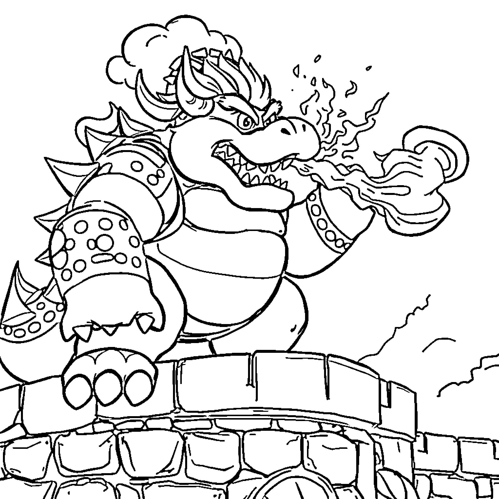 Bowser breathing fire on a castle Coloring Page (free black-and-white line drawing printable PDF for all, from beginners to advanced learners, including children, teens, adults, and seniors)
