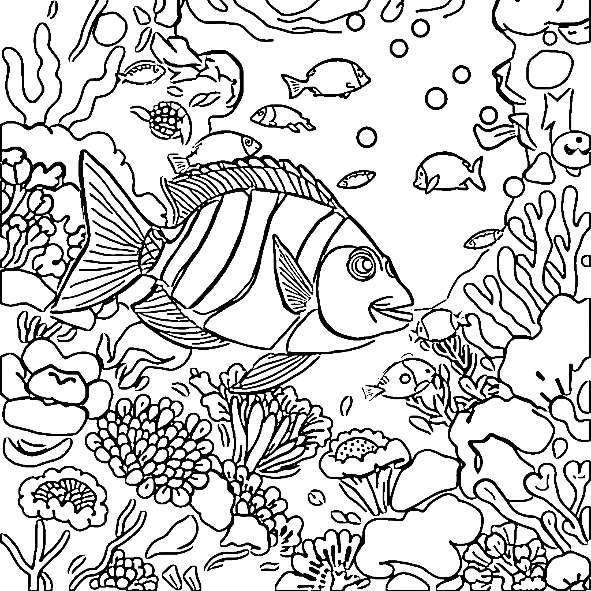 Sea Life Underwater World with Colorful Fish Coloring Page (free black-and-white line drawing printable PDF for all, from beginners to advanced learners, including children, teens, adults, and seniors)