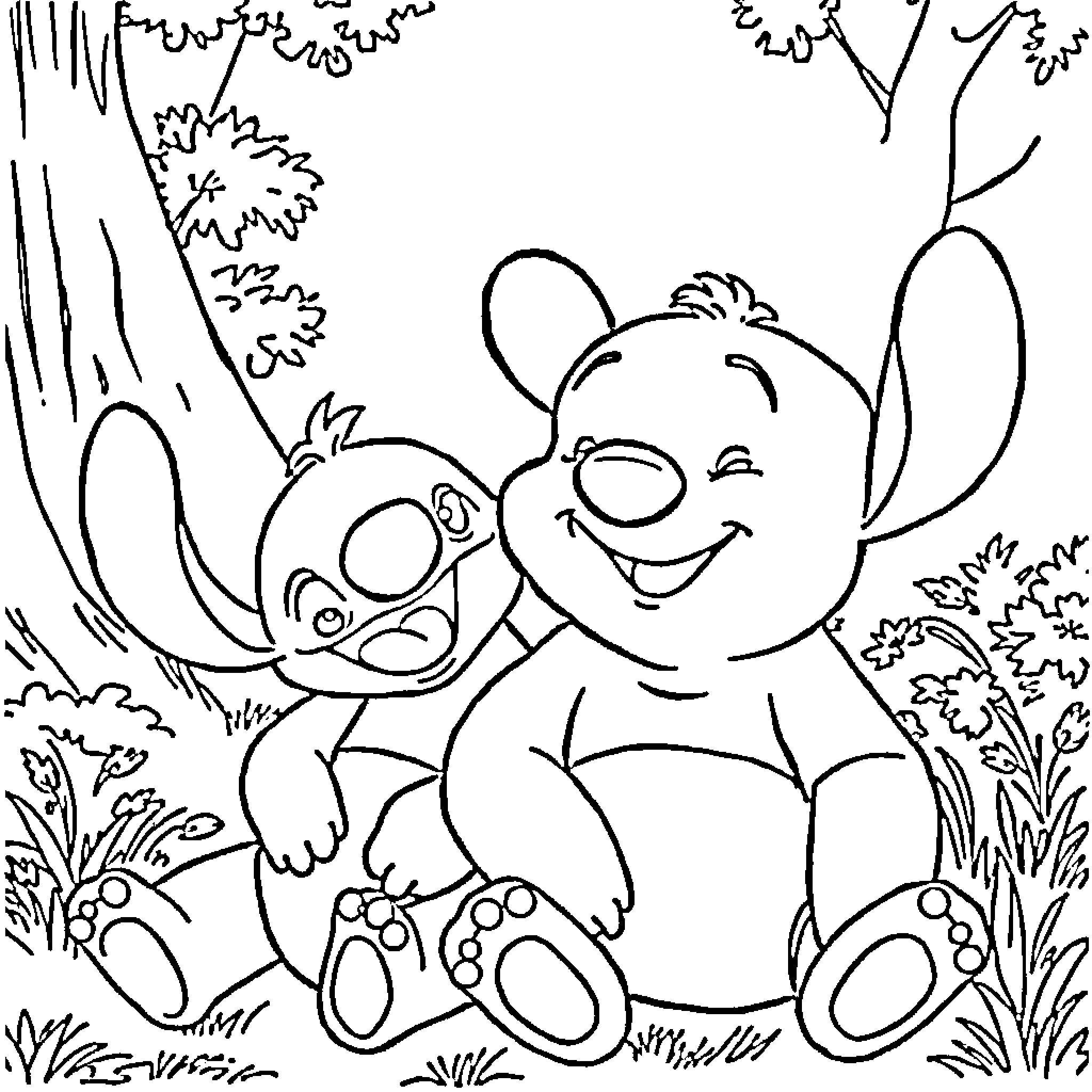 Winnie The Pooh and Piglet playing in the forest Coloring Page (free black-and-white line drawing printable PDF for all, from beginners to advanced learners, including children, teens, adults, and seniors)