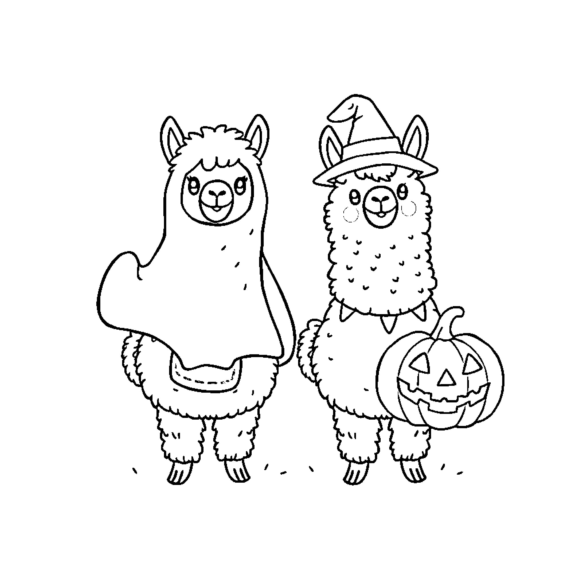Alpacas dressed in Halloween costumes Coloring Page (free black-and-white line drawing printable PDF for all, from beginners to advanced learners, including children, teens, adults, and seniors)