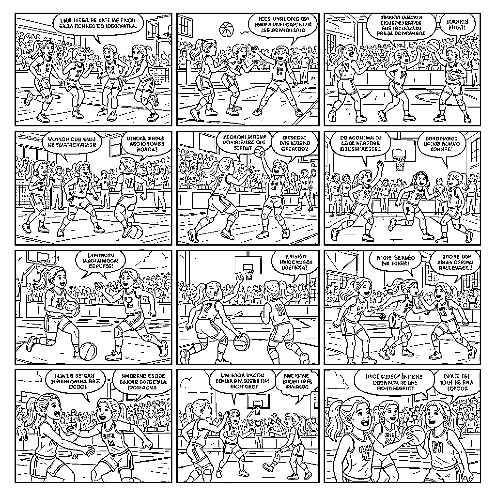 Basketball tournament with intense gameplay and enthusiastic crowd Coloring Page (free black-and-white line drawing printable PDF for all, from beginners to advanced learners, including children, teens, adults, and seniors)