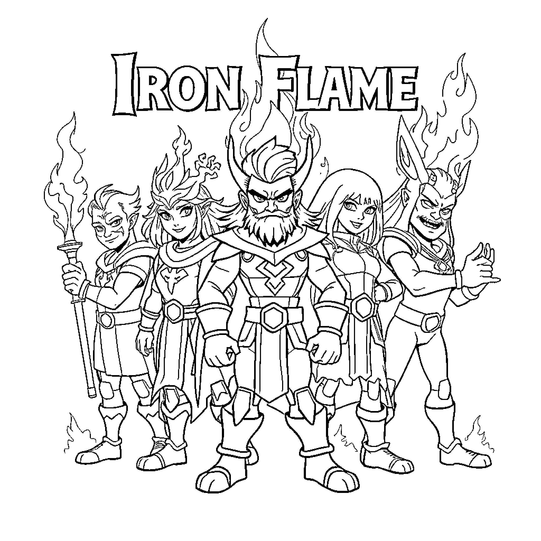Iron Flame: Heroic Warriors with Fiery Outfits Coloring Page (free black-and-white line drawing printable PDF for all, from beginners to advanced learners, including children, teens, adults, and seniors)