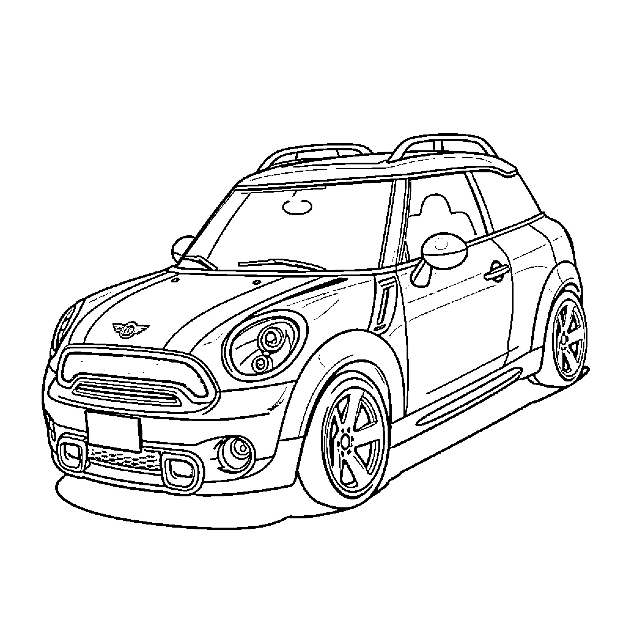 Mini Countryman driving in an urban setting Coloring Page (free black-and-white line drawing printable PDF for all, from beginners to advanced learners, including children, teens, adults, and seniors)
