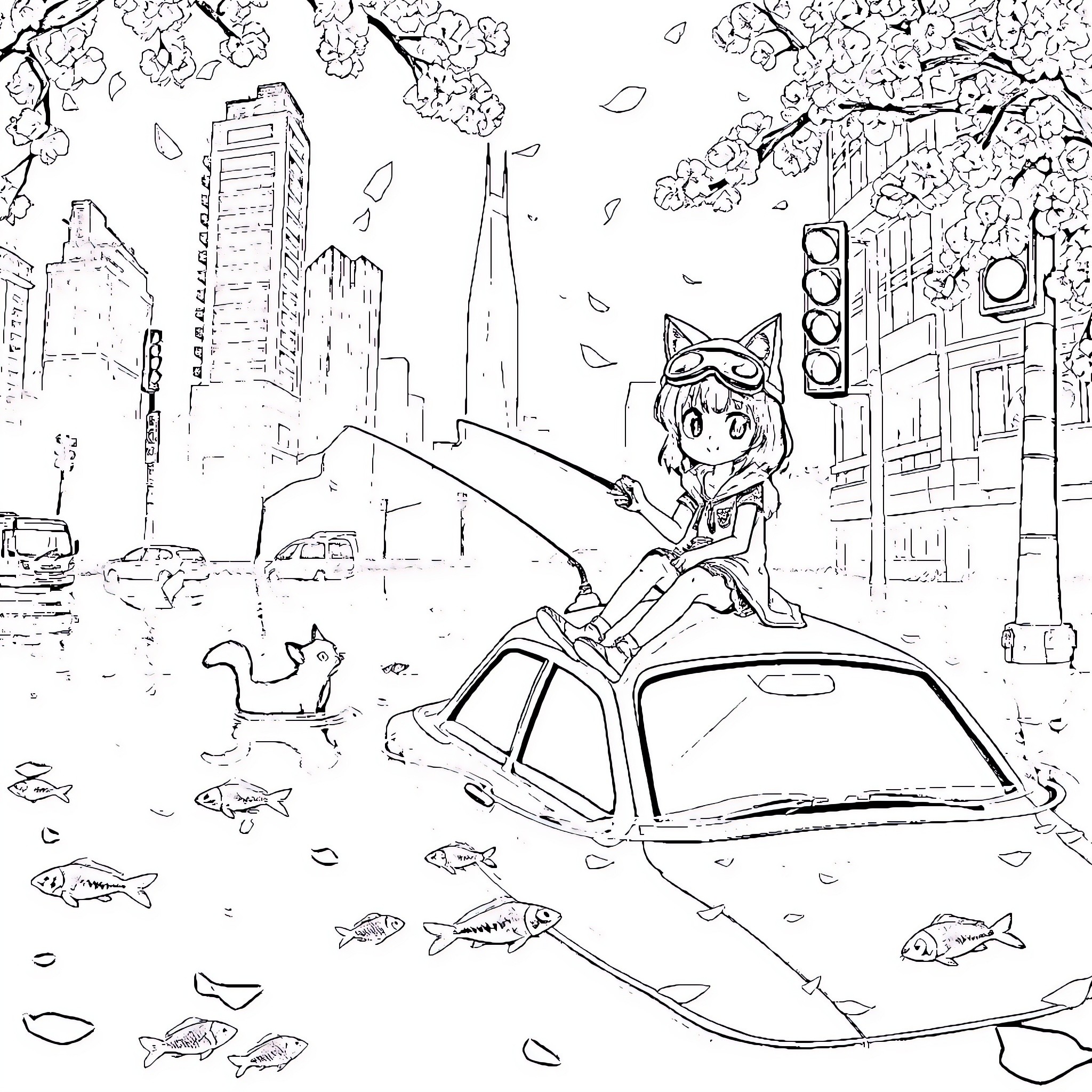 Girl exploring the cityscape with her pet Coloring Page (free black-and-white line drawing printable PDF for all, from beginners to advanced learners, including children, teens, adults, and seniors)