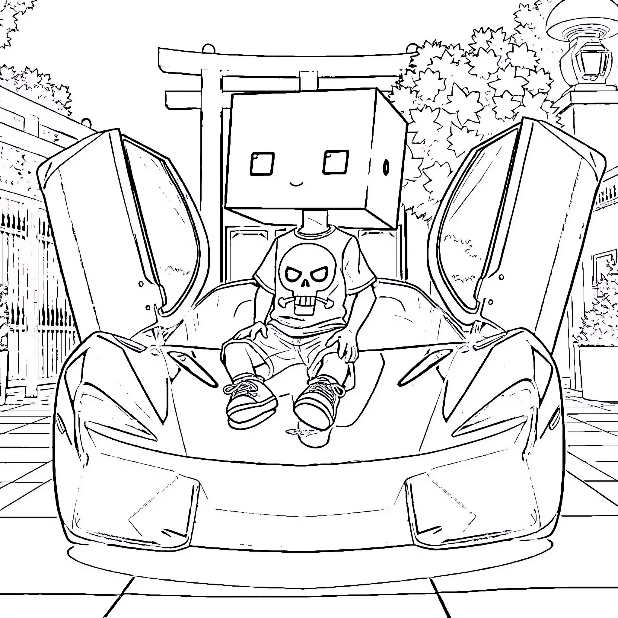 Character Riding a Futuristic Vehicle in a Sci-Fi Landscape Coloring Page (free black-and-white line drawing printable PDF for all, from beginners to advanced learners, including children, teens, adults, and seniors)