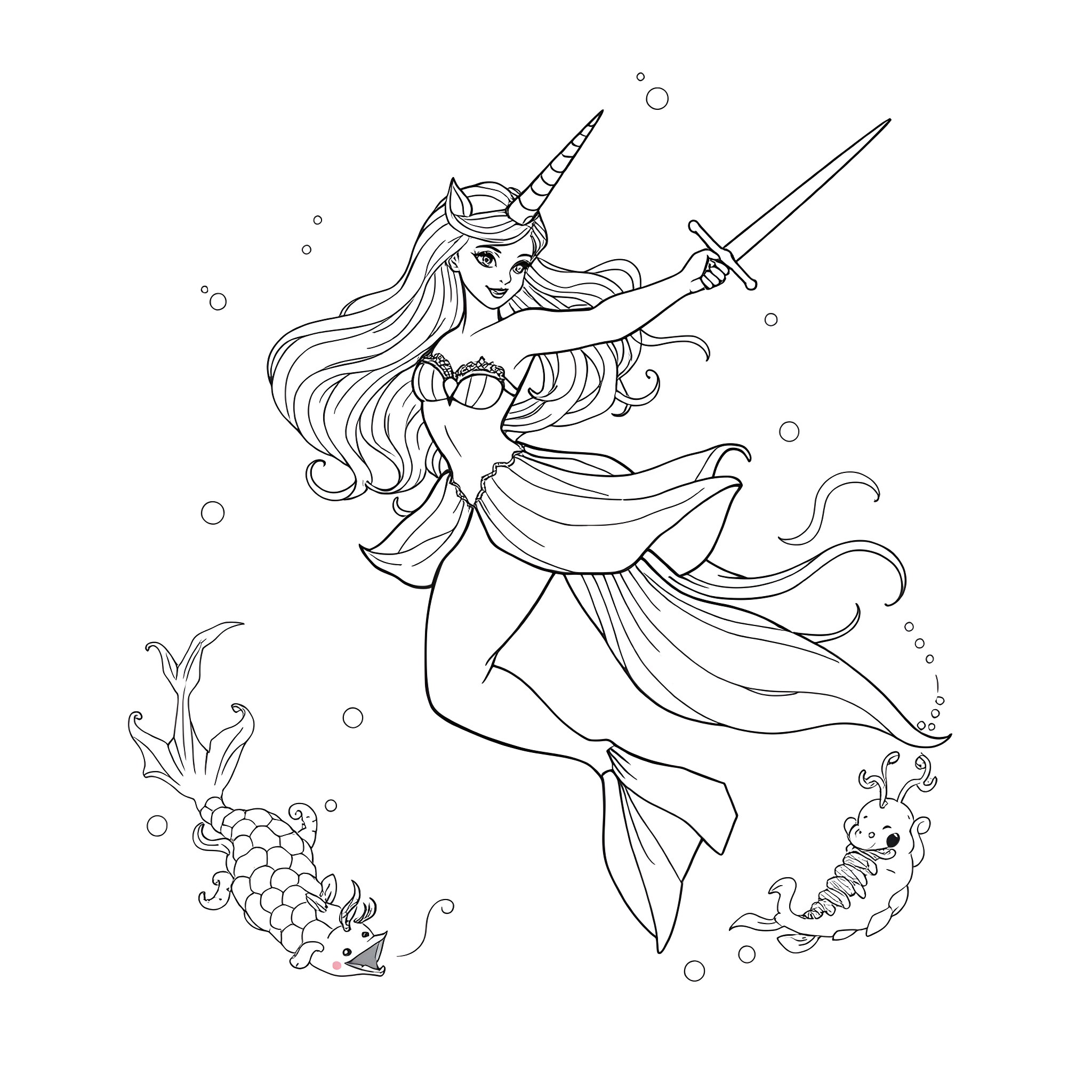 Unicorn mermaid warrior wielding a sword Coloring Page (free black-and-white line drawing printable PDF for all, from beginners to advanced learners, including children, teens, adults, and seniors)