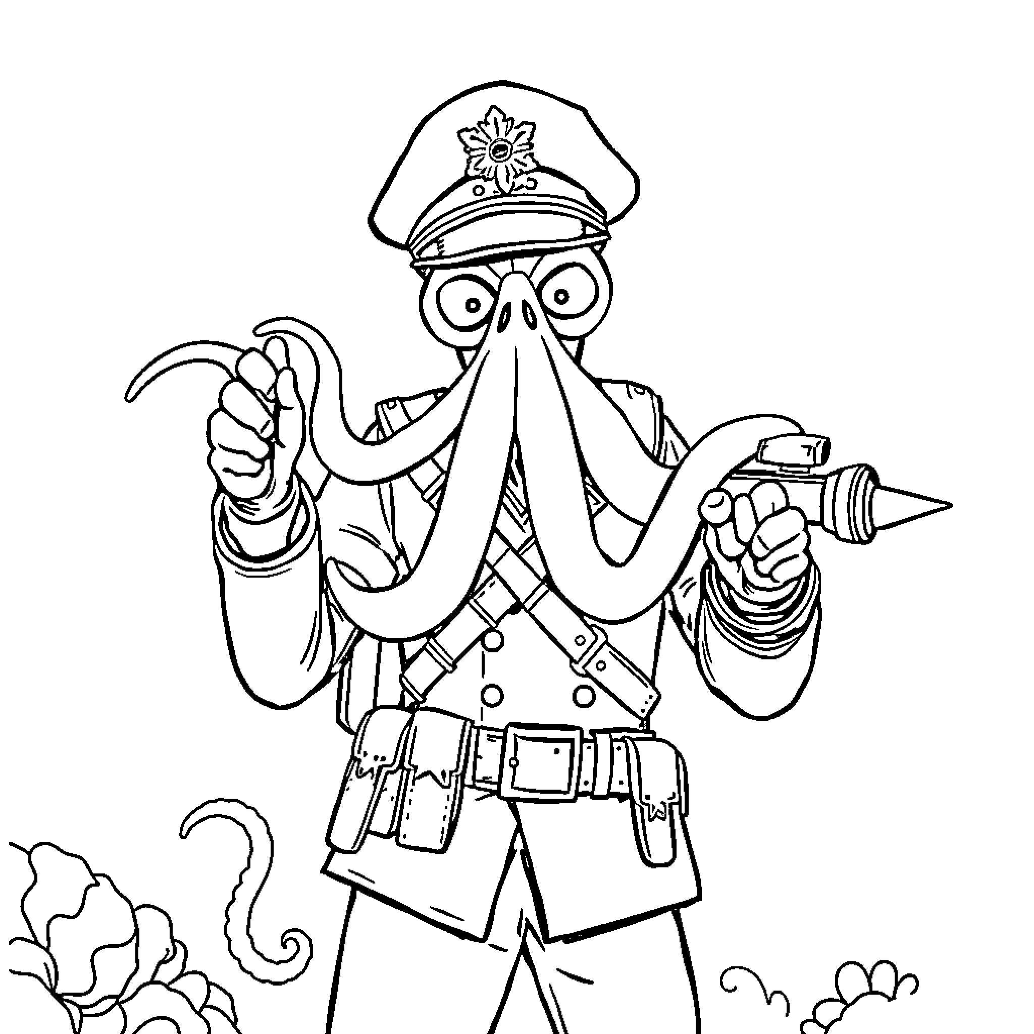 Squid Game: Comical Octopus-Inspired Police Officer Coloring Page (free black-and-white line drawing printable PDF for all, from beginners to advanced learners, including children, teens, adults, and seniors)