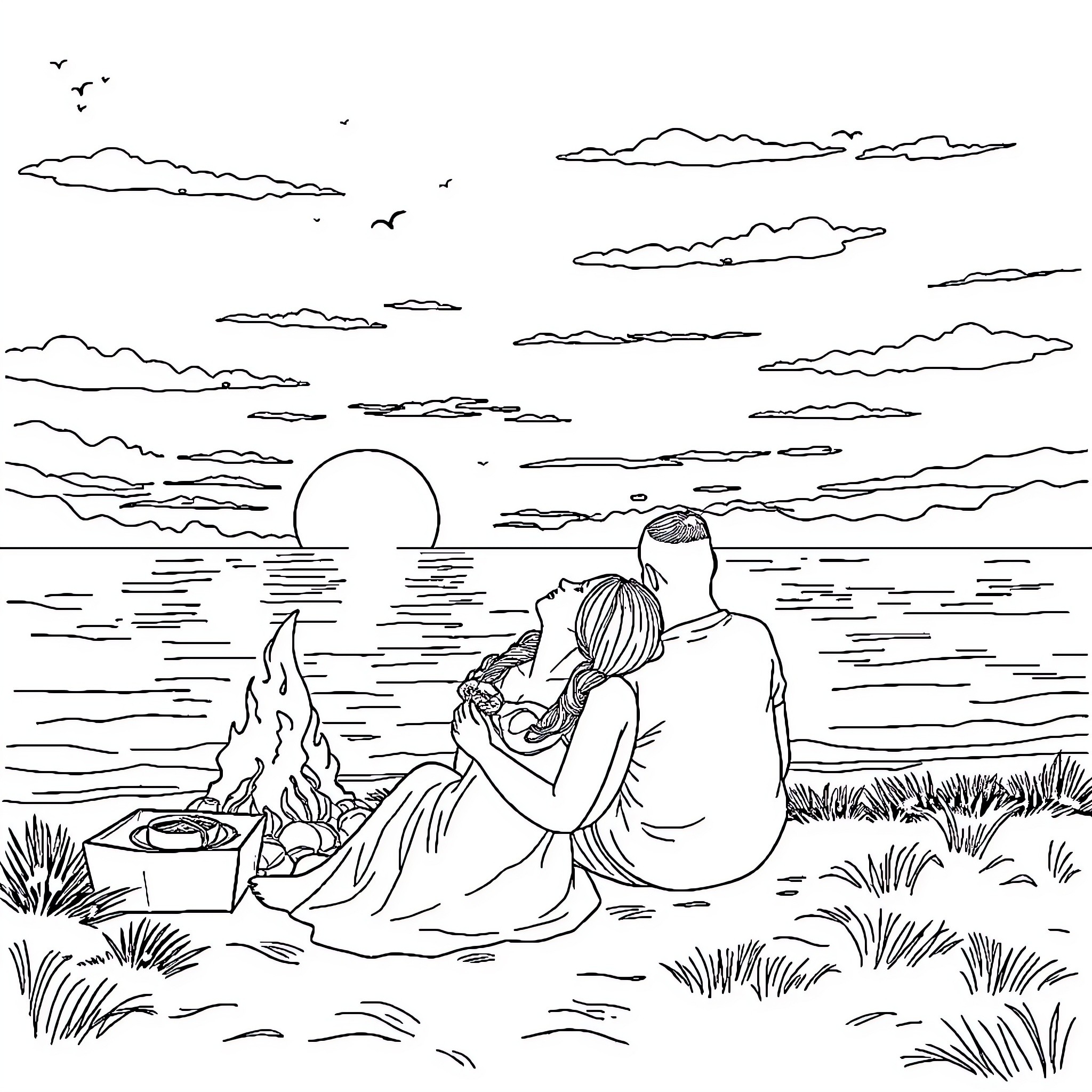 Sunset by the campfire with a couple Coloring Page (free black-and-white line drawing printable PDF for all, from beginners to advanced learners, including children, teens, adults, and seniors)