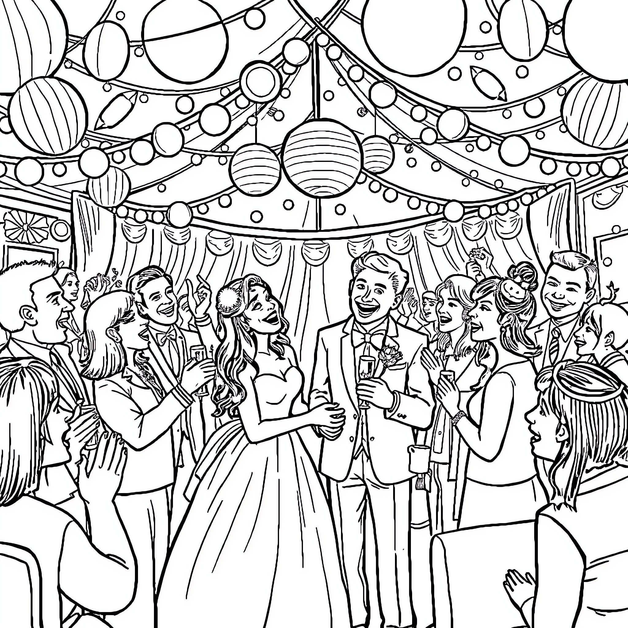 Wedding celebration with joyful gathering and decorations Coloring Page (free black-and-white line drawing printable PDF for all, from beginners to advanced learners, including children, teens, adults, and seniors)