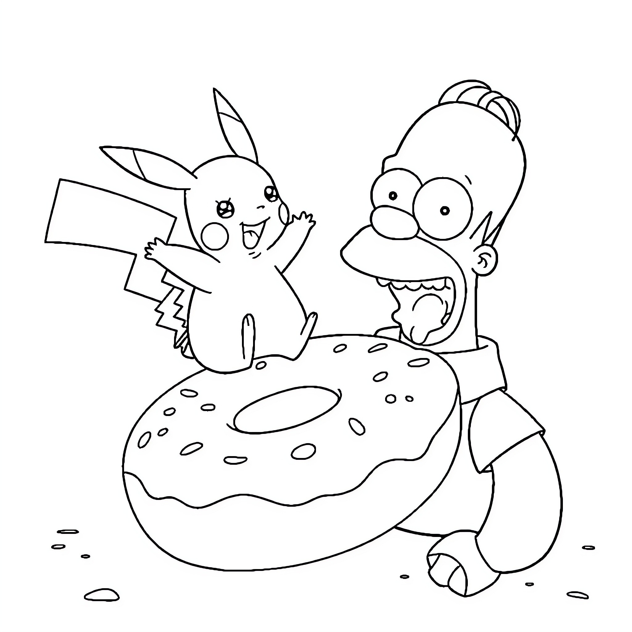 Pikachu playing with Homer Simpson on a donut Coloring Page (free black-and-white line drawing printable PDF for all, from beginners to advanced learners, including children, teens, adults, and seniors)