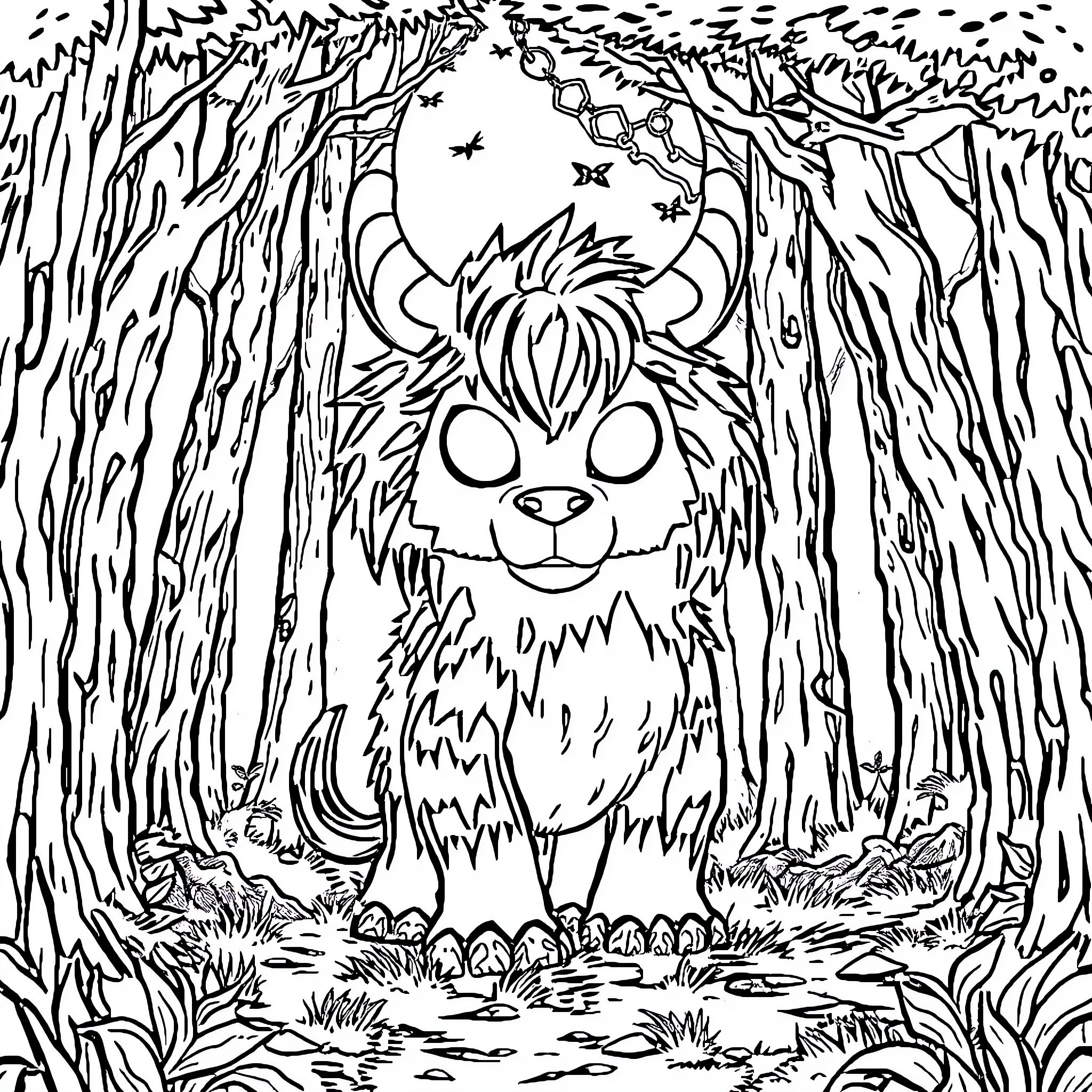 Herobrine's Enchanted Forest Adventure Coloring Page (free black-and-white line drawing printable PDF for all, from beginners to advanced learners, including children, teens, adults, and seniors)