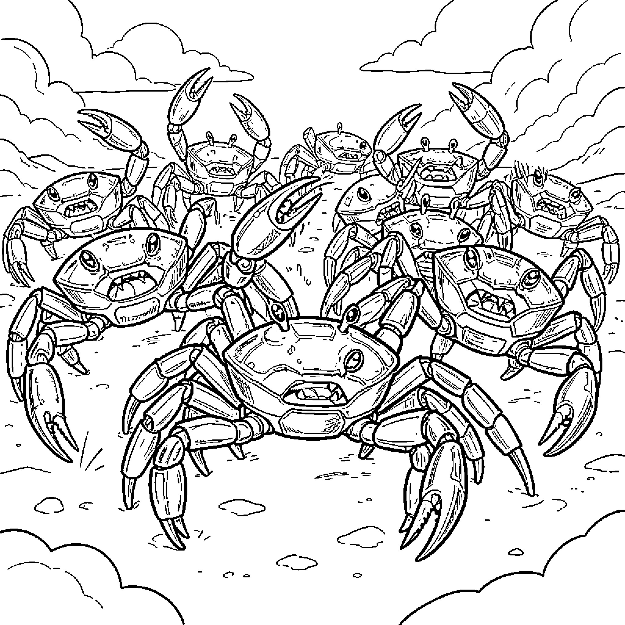 Robot Crabs Scurrying on the Beach Coloring Page (free black-and-white line drawing printable PDF for all, from beginners to advanced learners, including children, teens, adults, and seniors)