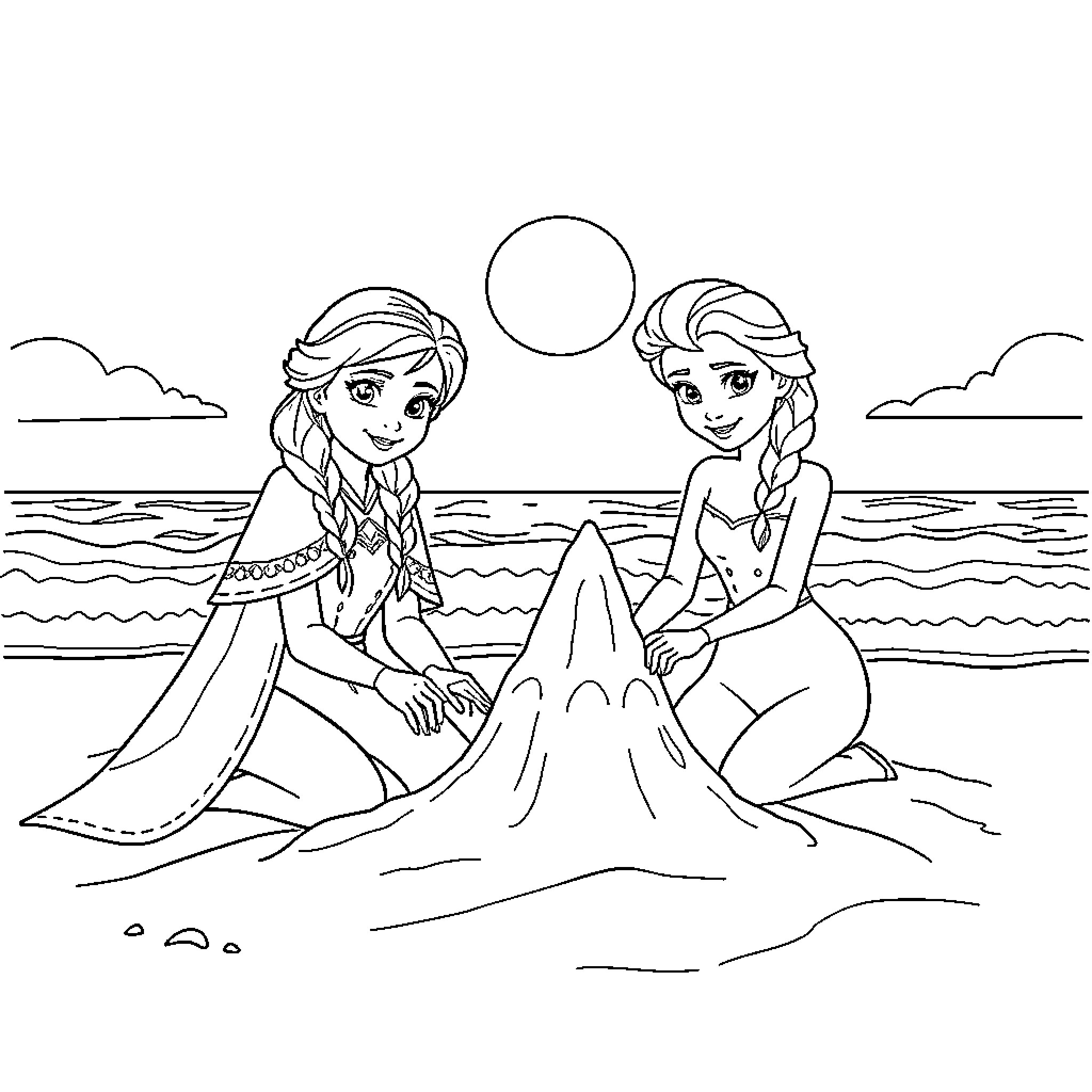 Anna and Elsa building a sandcastle on the beach Coloring Page (free black-and-white line drawing printable PDF for all, from beginners to advanced learners, including children, teens, adults, and seniors)
