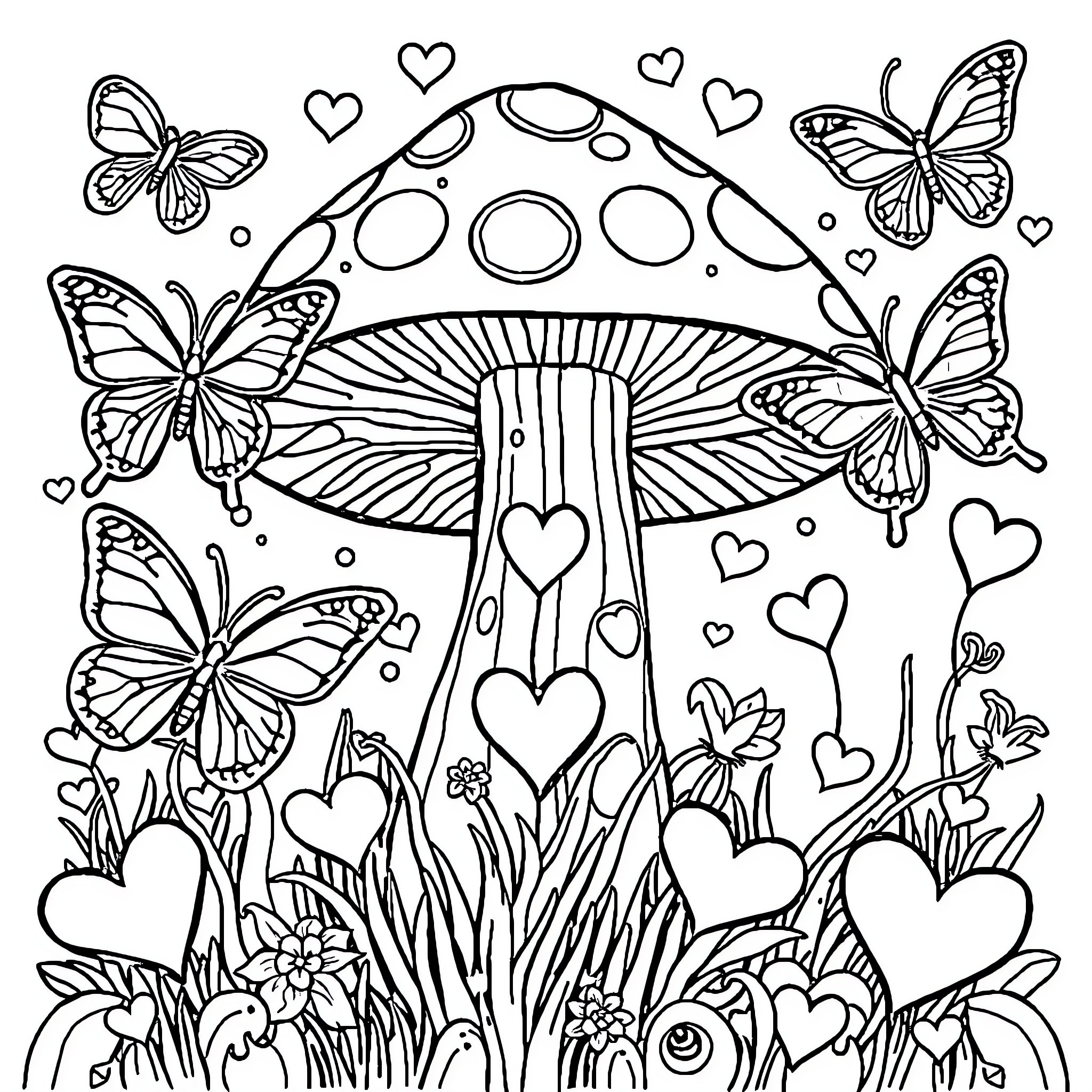 Mushroom surrounded by playful butterflies and hearts Coloring Page (free black-and-white line drawing printable PDF for all, from beginners to advanced learners, including children, teens, adults, and seniors)