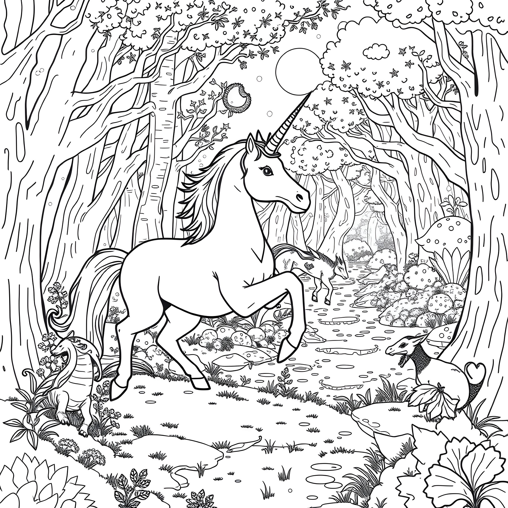 Unicorn in the enchanted forest Coloring Page (free black-and-white line drawing printable PDF for all, from beginners to advanced learners, including children, teens, adults, and seniors)