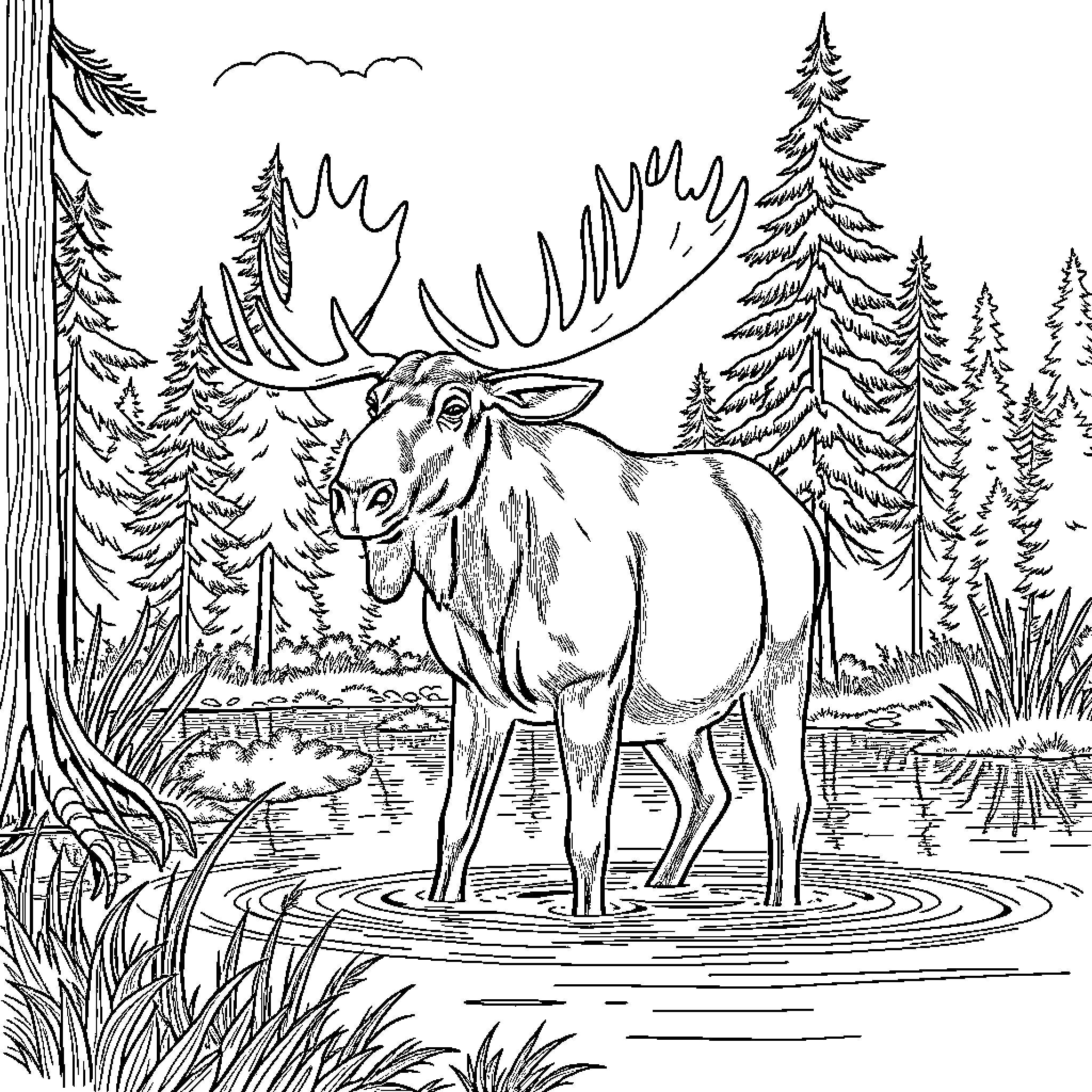 Moose standing in a forest pond Coloring Page (free black-and-white line drawing printable PDF for all, from beginners to advanced learners, including children, teens, adults, and seniors)