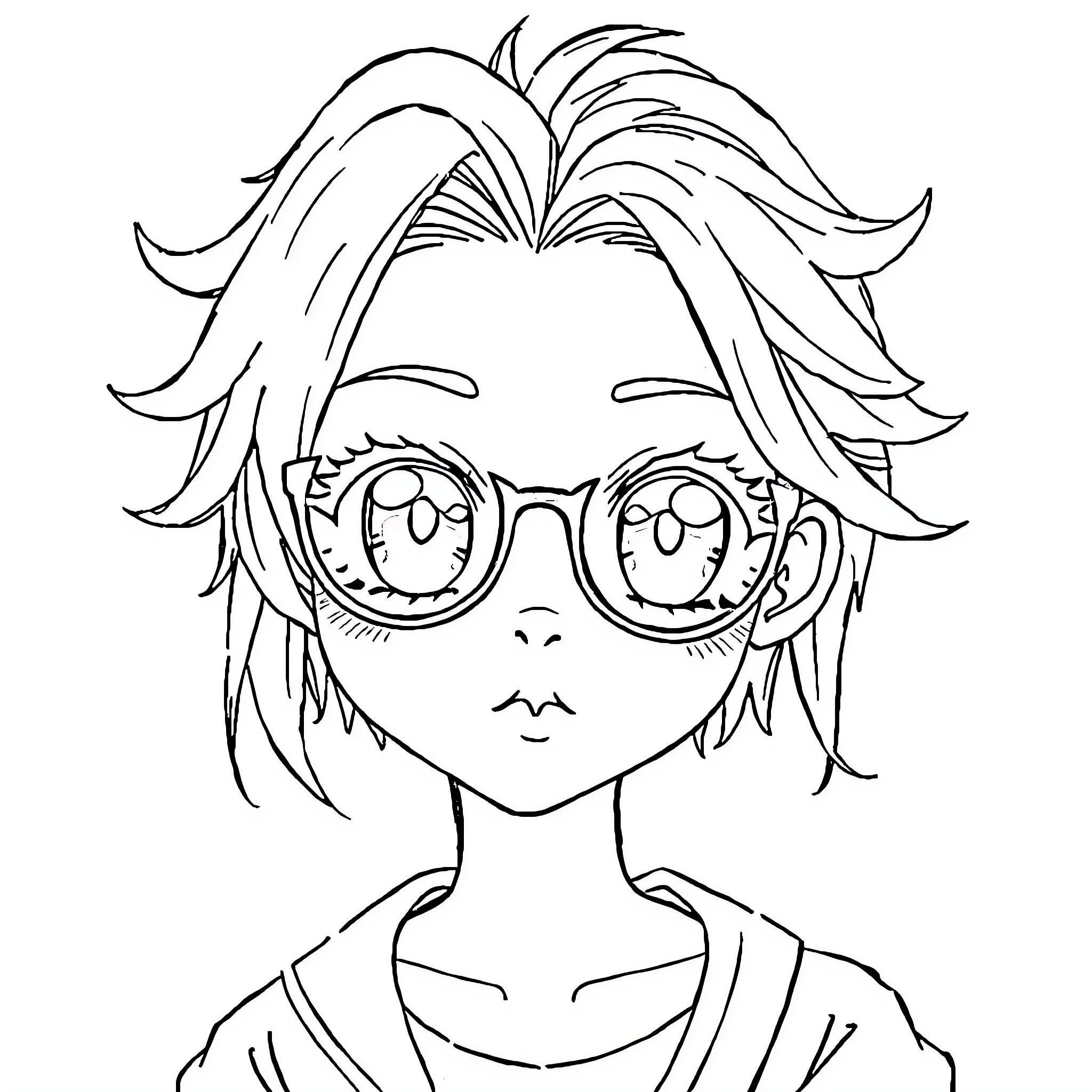 Anime character with large expressive eyes and disheveled hair Coloring Page (free black-and-white line drawing printable PDF for all, from beginners to advanced learners, including children, teens, adults, and seniors)